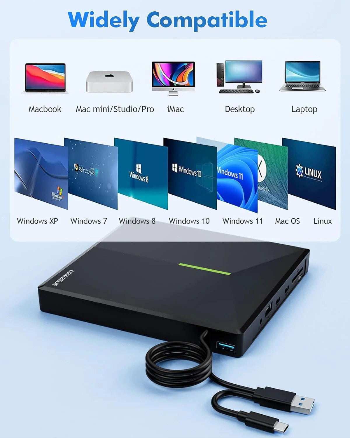 ORIGBELIE External CD/DVD Drive for Laptop, USB 3.0 DVD Player with 4 USB Ports & 2 TF/SD Card Slots, Portable CD/DVD +/-RW Drive Burner Reader Writer for Desktop PC Windows 11/10/8/7 Linux Mac OS RGB Black - Image 5