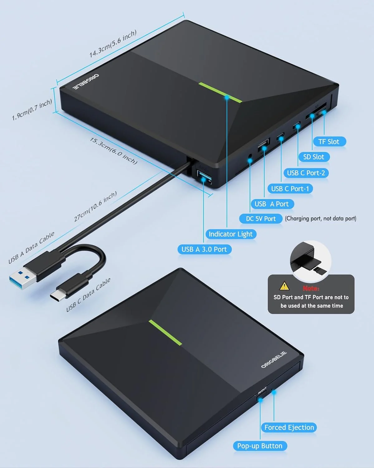 ORIGBELIE External CD/DVD Drive for Laptop, USB 3.0 DVD Player with 4 USB Ports & 2 TF/SD Card Slots, Portable CD/DVD +/-RW Drive Burner Reader Writer for Desktop PC Windows 11/10/8/7 Linux Mac OS RGB Black - Image 7
