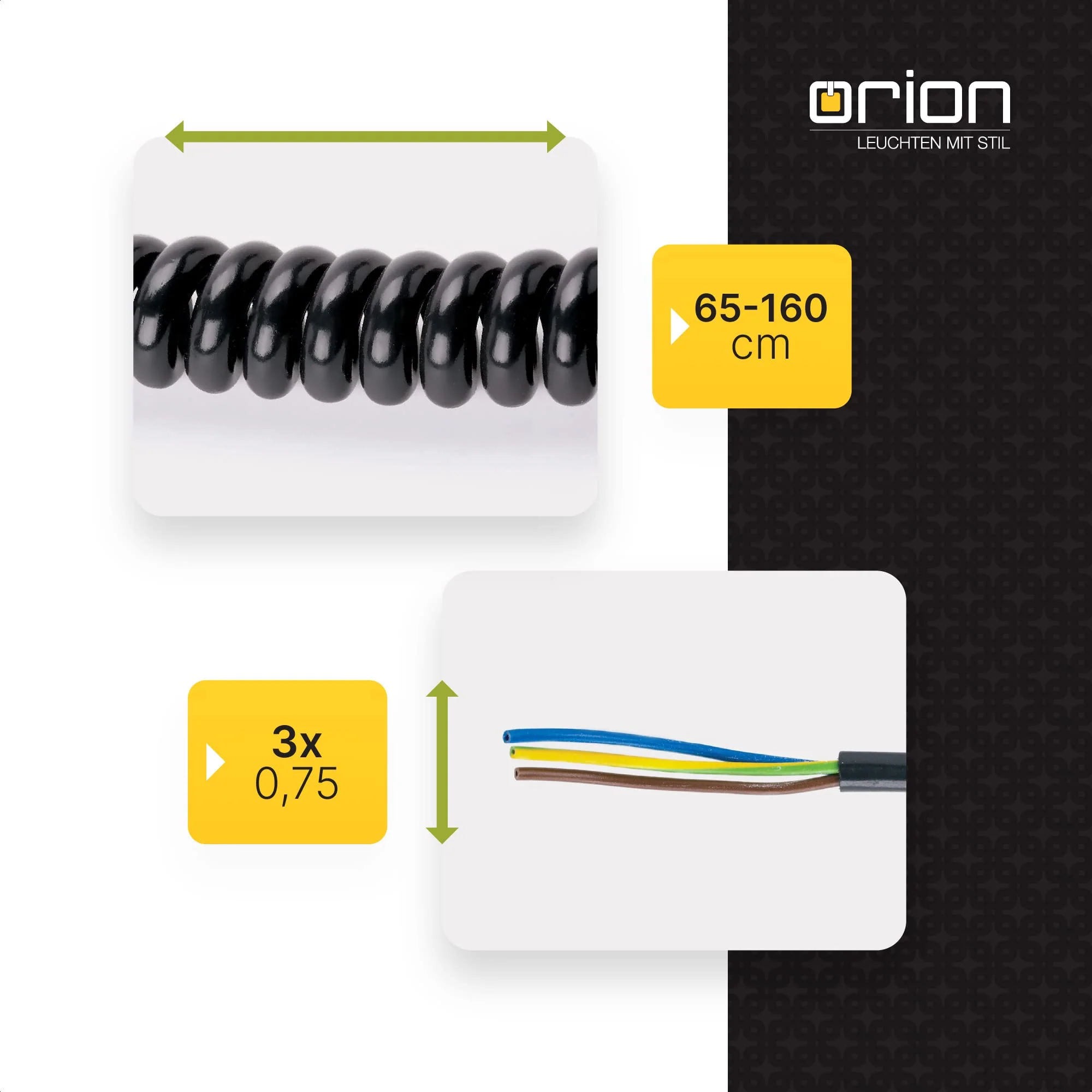 ORION LIGHTSTYLE Spiral Cable 3 Core Spiral Extension Electric Cable Light Cable Lamp Cable Black - Image 5
