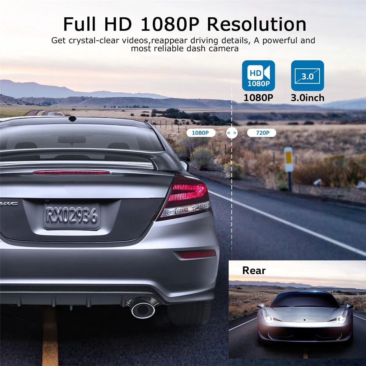 ORSKEY Dash Cam Front and Rear 1080P Full HD Dual Dash Camera in Car Camera Dashboard Camera Dashcam for Cars 170 Wide Angle with 3.0" LCD Display Night Vision and G-Sensor - Image 4