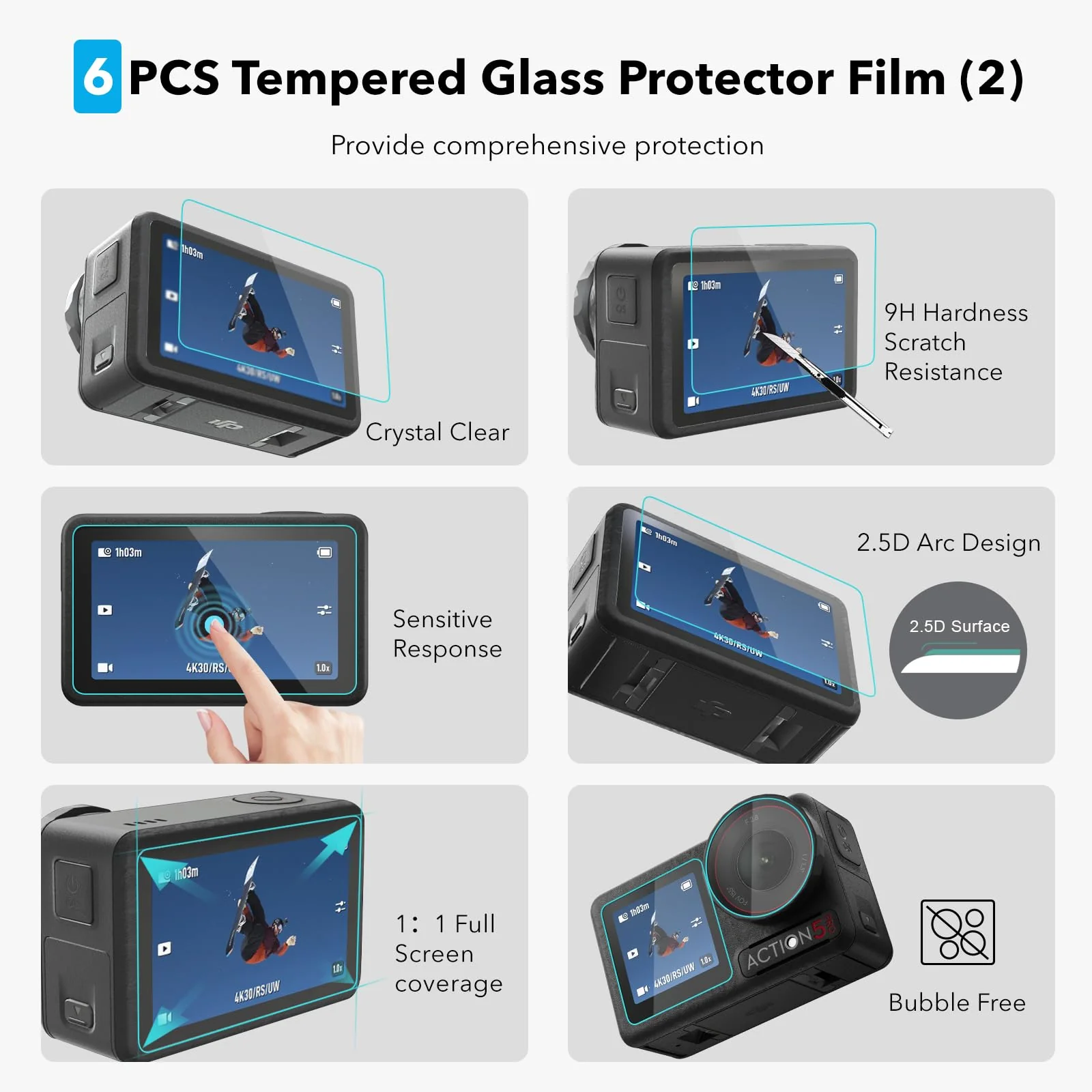 OSMO Action 5 Pro Accessories, PU Portable Mini Carrying Bag Case, Lens Screen Protectors (6 Pack) Comatible with DJI Osmo Action 5 Pro, Rubber Lens Cap Cover for DJI Action Camera Accessory for DJI Osmo Action 5 Pro - Image 5