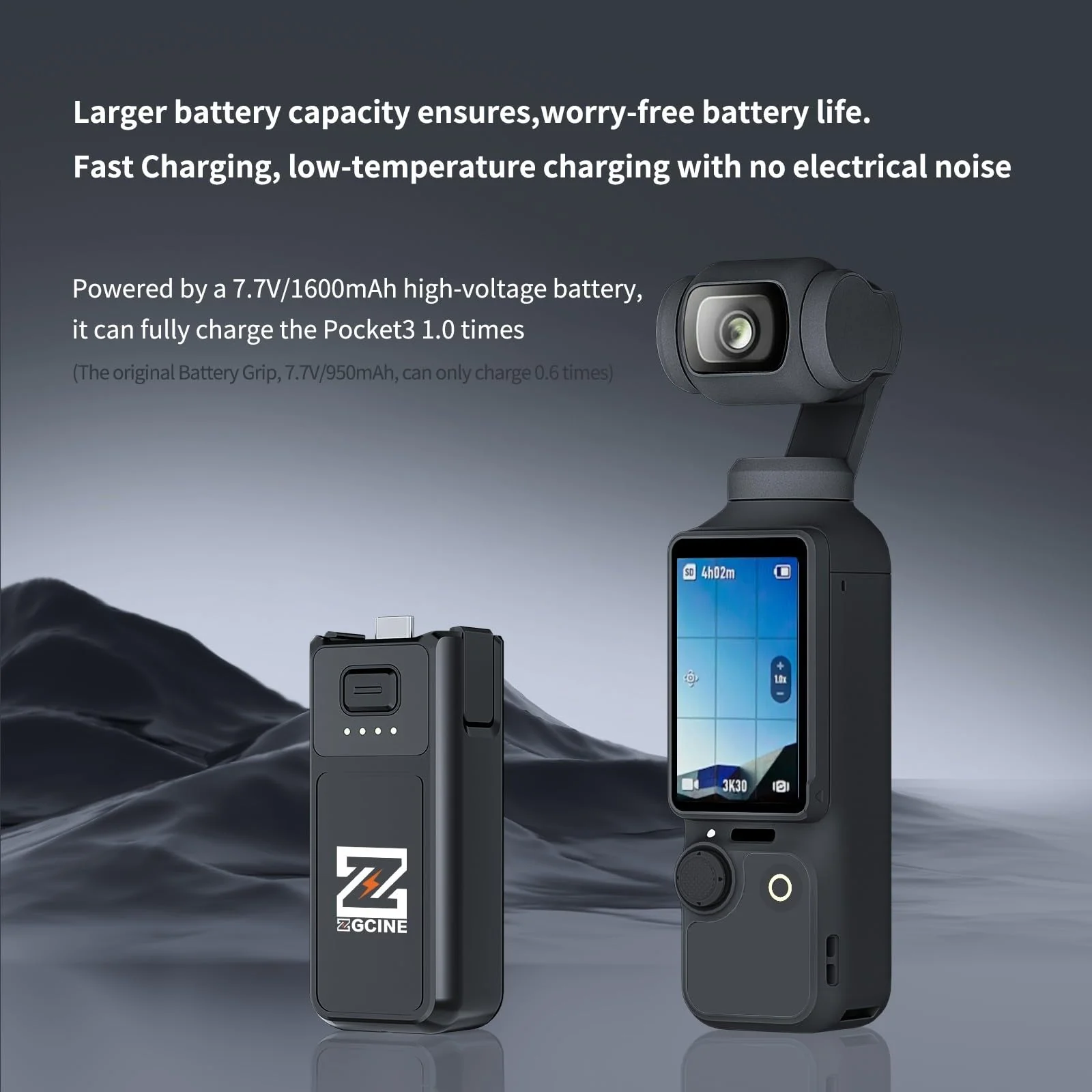 Osmo Pocket 3 Battery Handle, ZGCINE PK-H01 7.7V/1600mAh Fast Charging Handle Grip Replaced for DJI Pocket 3 Battery for Xtra Muse, Reserved 1/4”Thread,Support Directly Data Transmission - Image 3
