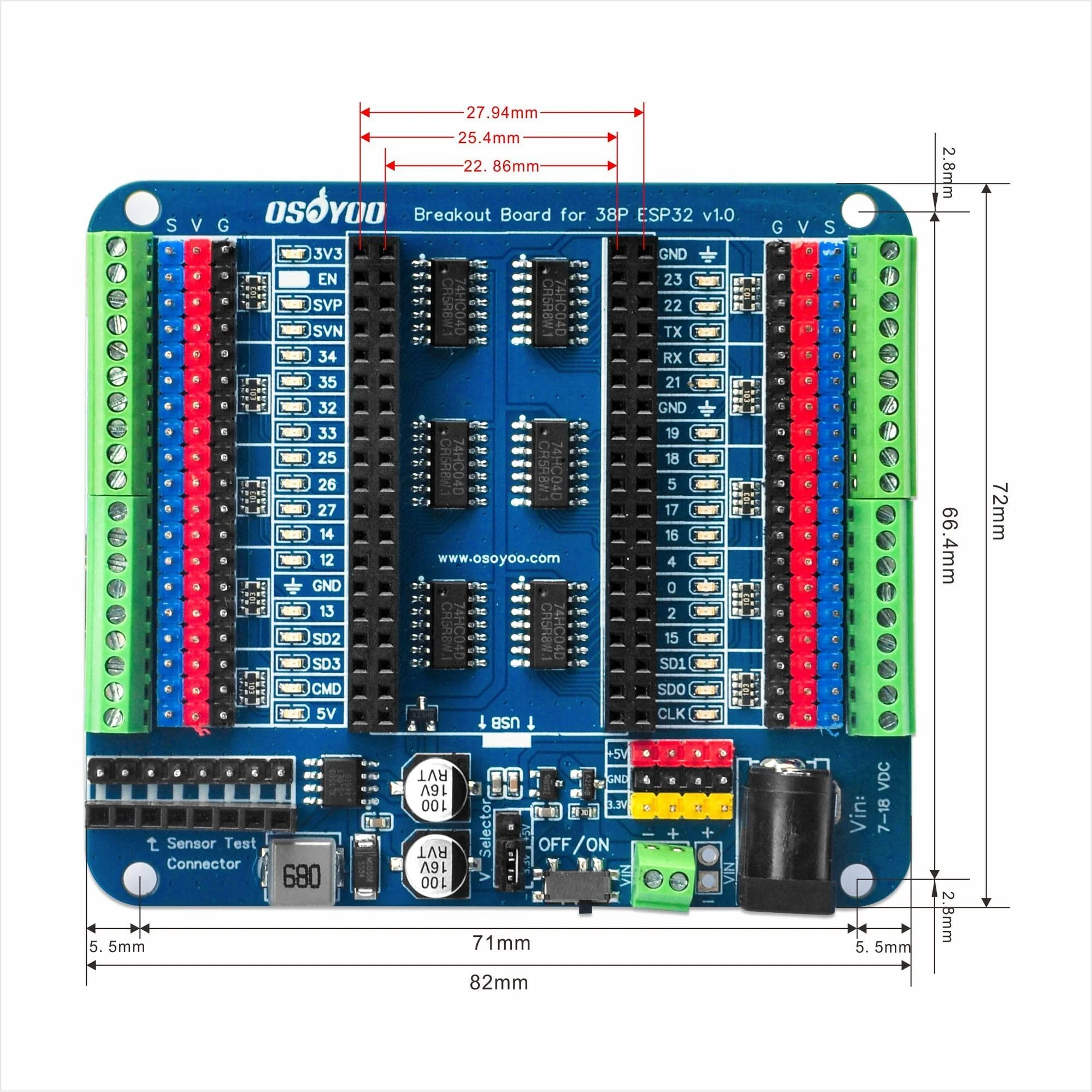 OSOYOO Breakout-Board für 38-polige ESP32-Erweiterungsplatine mit dualen 2x19P-Headern - GPIO-LED-Anzeigen - ideal für ESP32 Prototyping, Entwicklung und Lernprojekte 38P ESP32 Shiled Breakout Board - Image 3