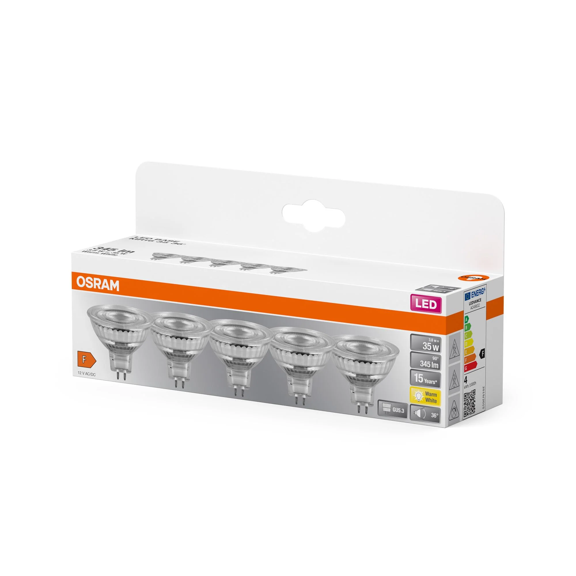 OSRAM LED Base MR16, Value Pack with 5 Low Voltage Bulbs, Replaces Conventional 35 W Reflector Bulbs, Warm White (2700 K), 3.8 W, GU5.3 Socket, Matte Glass, Not Dimmable 2700k Warm White 5 Stück 35W Replacement 36° beam angle - Image 3