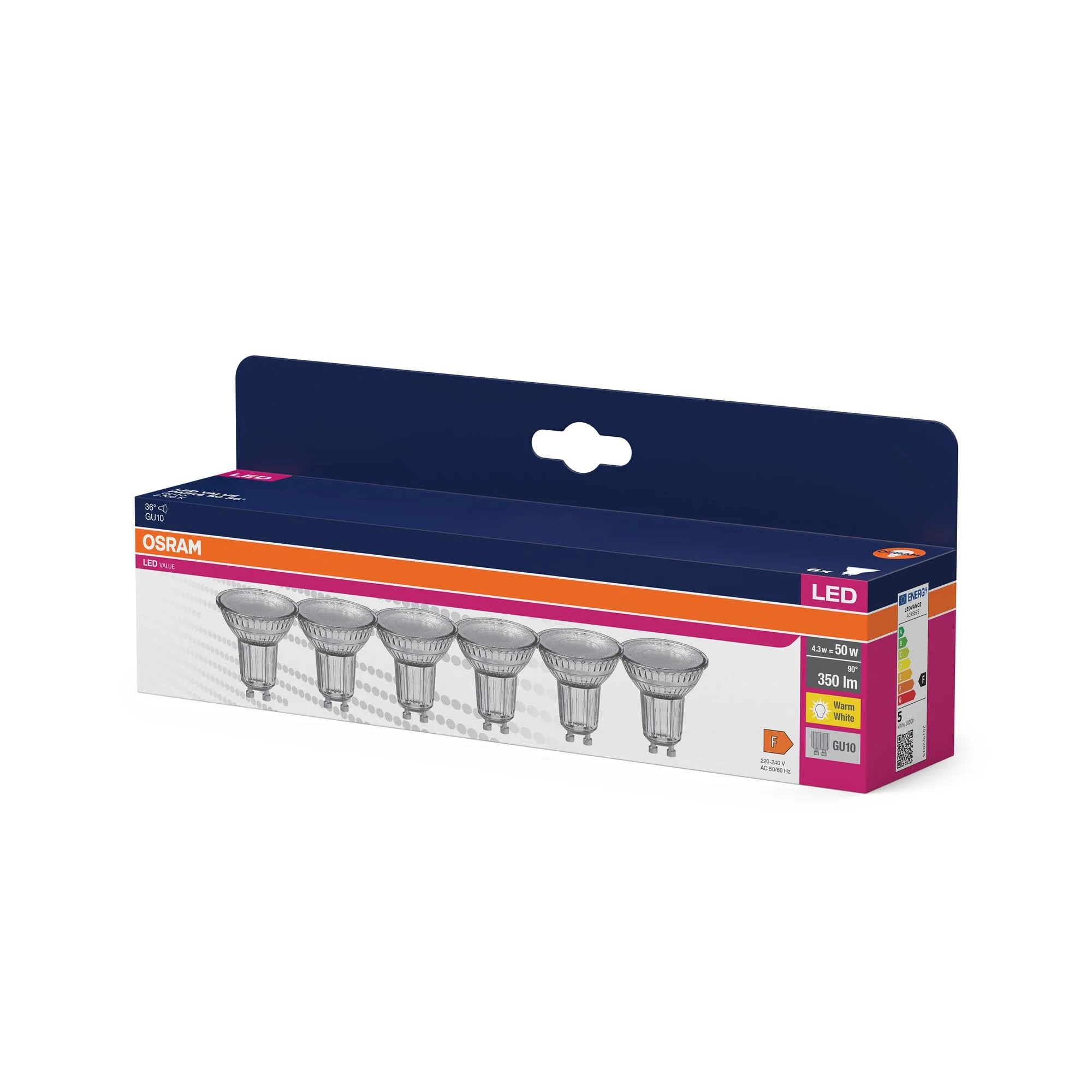 OSRAM LED Star Value PAR16 Value Pack of 6 Bulbs, Replaces Conventional 50 W Reflector Bulbs, Warm White (2700 K), 4.3 W, GU10 Socket, Filament Glass, Not Dimmable, White 50W-Ersatz 36° beam angle - Image 3