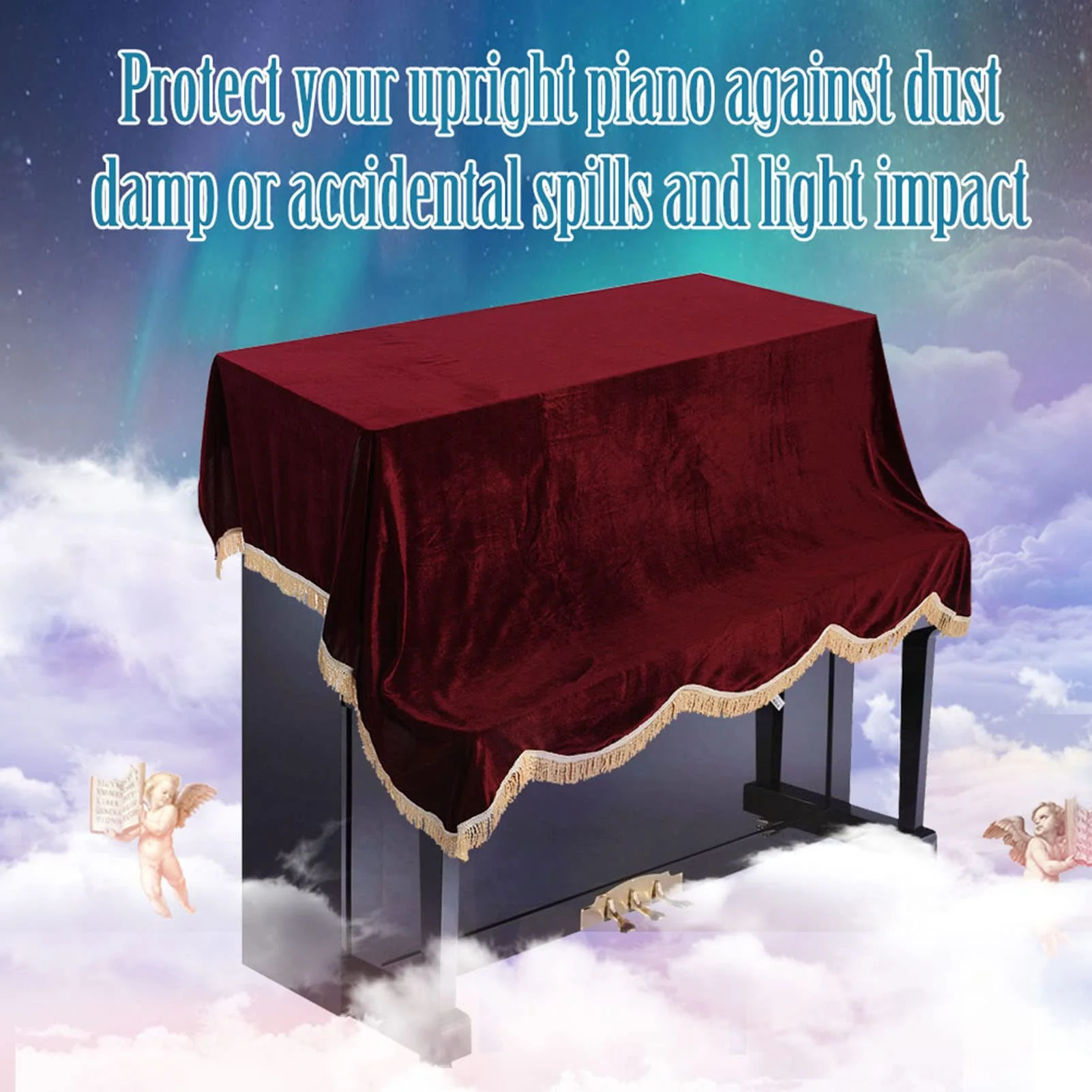 Oumefar 200 x 150cm Piano Cover, Upright Piano Covers with Tassels Edge, Protective Cover Pleuche Cloth Accessory (Red) Red - Image 2