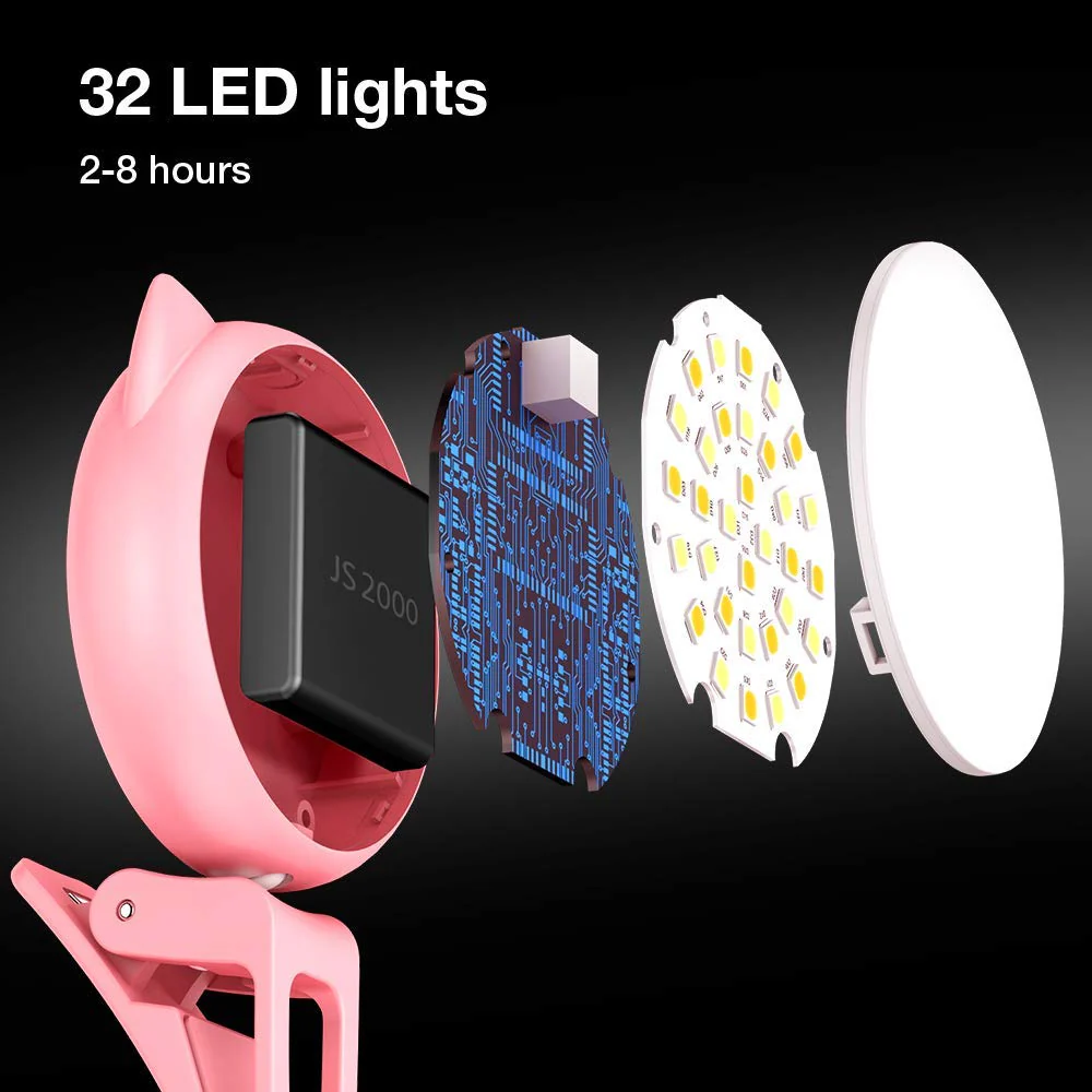 OURRY Selfie Clip on Ring Light, Mini Rechargeable 9 Level Adjustable Brightness Light with 32 LED, 2-8 Hours, USB Flash Lighting for iPhone/Android Cell Phone Photography,Video, Vlogging - Pink - Image 5