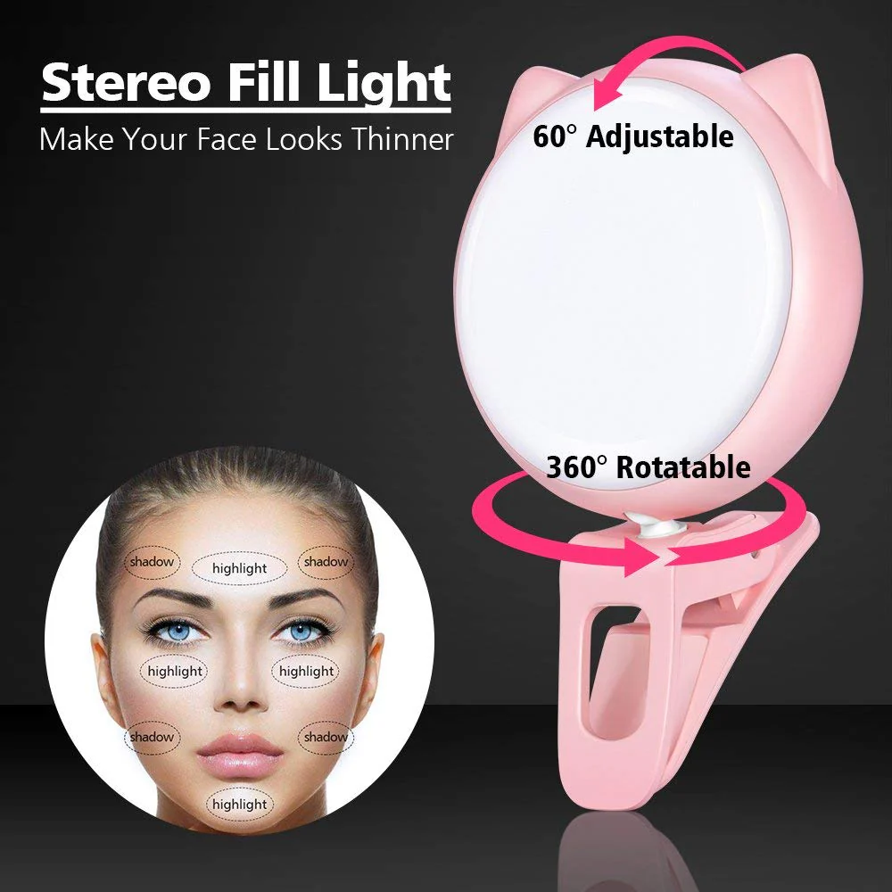 OURRY Selfie Clip on Ring Light, Mini Rechargeable 9 Level Adjustable Brightness Light with 32 LED, 2-8 Hours, USB Flash Lighting for iPhone/Android Cell Phone Photography,Video, Vlogging - Pink - Image 6