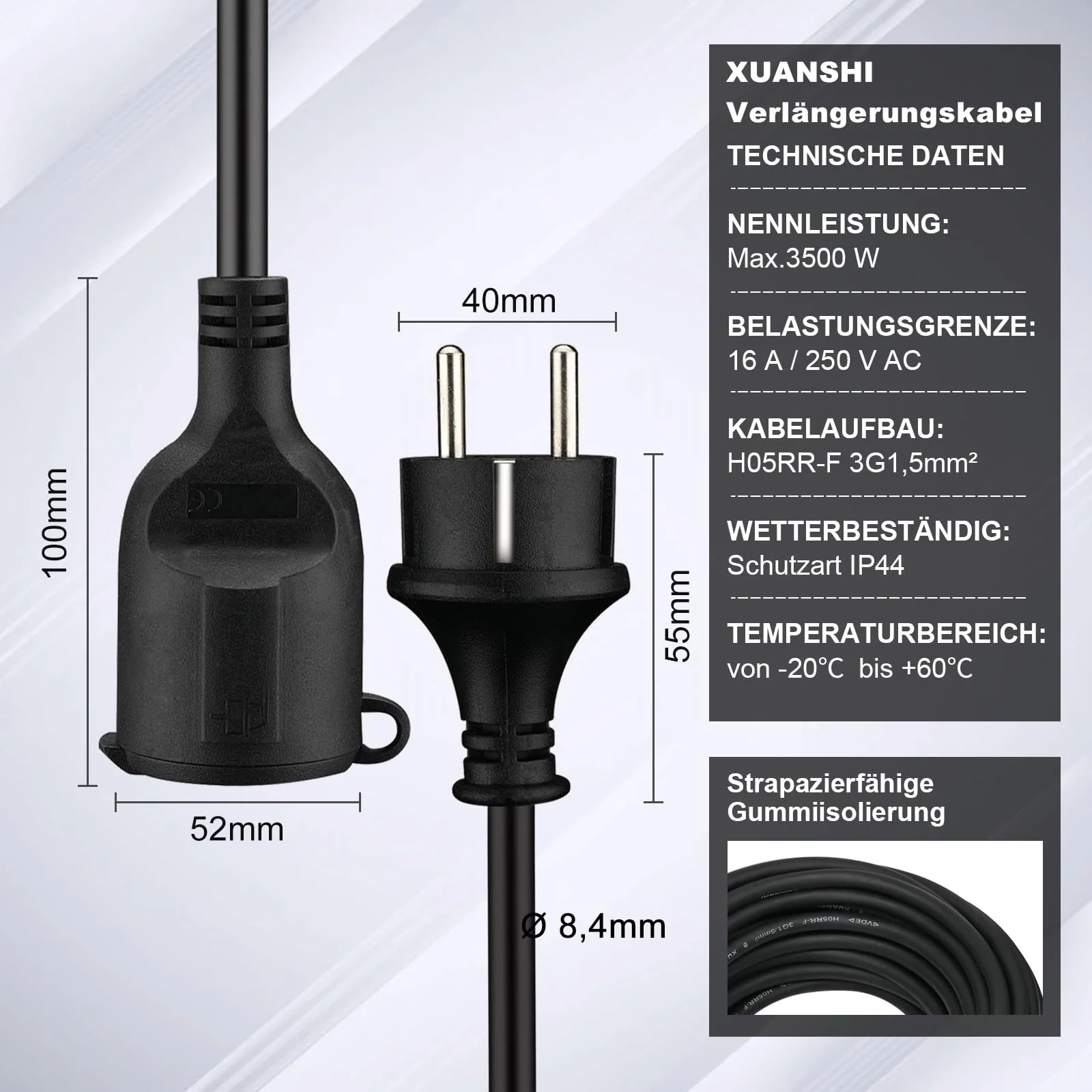 Outdoor Extension Cable 2 m for Outdoor Use, Rubber Extension Power Cable with Schuko Plug, IP44 Extension Cable, 3G 1.5 mm² Cable, Outdoor Electric Cable, with Protective Cap, 3500 W, Black - Image 2