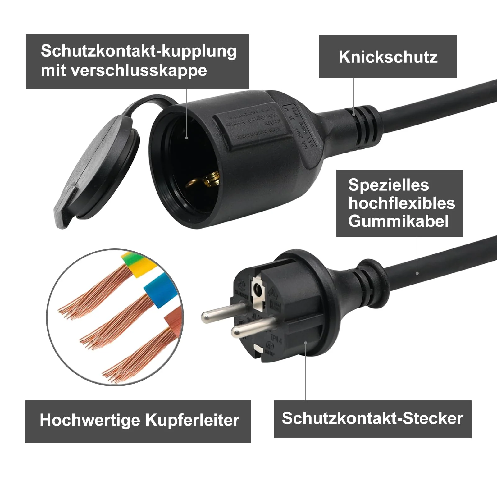 Outdoor Extension Cable 2 m for Outdoor Use, Rubber Extension Power Cable with Schuko Plug, IP44 Extension Cable, 3G 1.5 mm² Cable, Outdoor Electric Cable, with Protective Cap, 3500 W, Black - Image 3