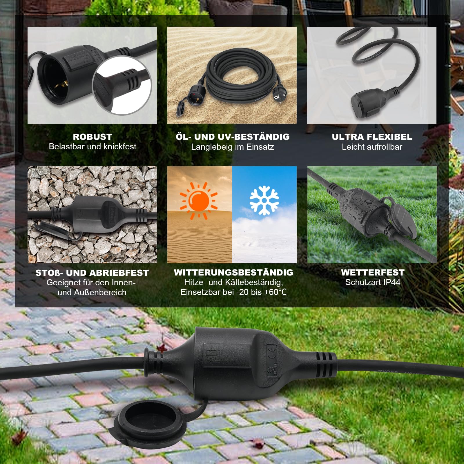 Outdoor Extension Cable 2 m for Outdoor Use, Rubber Extension Power Cable with Schuko Plug, IP44 Extension Cable, 3G 1.5 mm² Cable, Outdoor Electric Cable, with Protective Cap, 3500 W, Black - Image 4