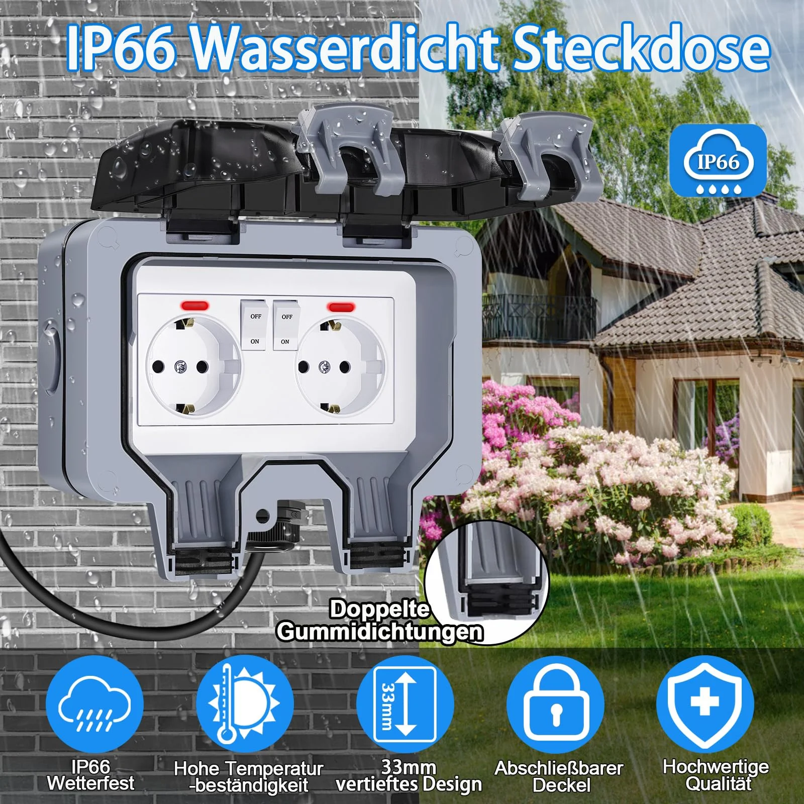 Outdoor Socket Waterproof 2-Way Outdoor Socket IP66 with Switch Indicator Light, Outdoor Socket Wall Socket Garden Socket with Lockable Hinged Lid for Garden Outdoor Wet Rooms 2-way external socket - Image 2