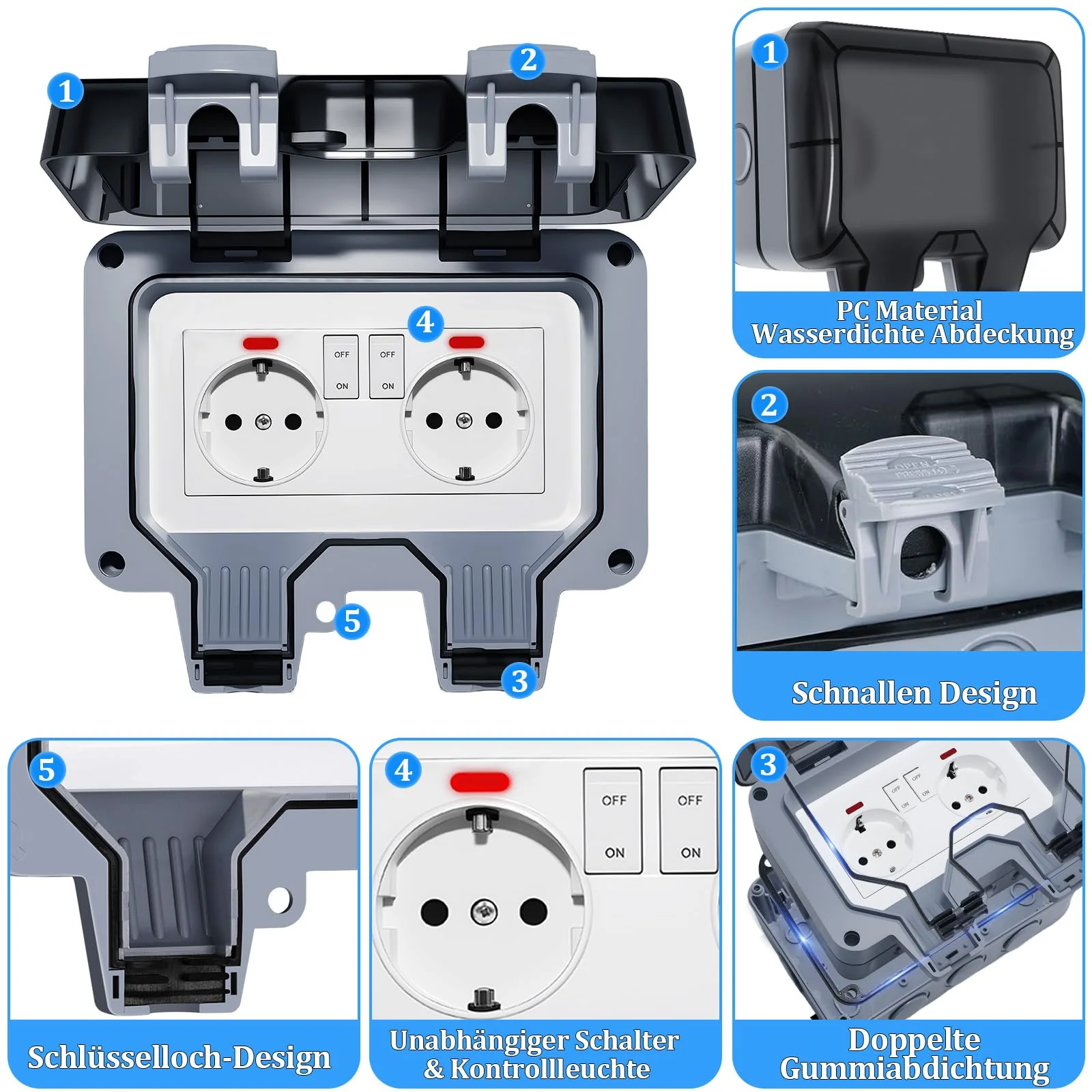 Outdoor Socket Waterproof 2-Way Outdoor Socket IP66 with Switch Indicator Light, Outdoor Socket Wall Socket Garden Socket with Lockable Hinged Lid for Garden Outdoor Wet Rooms 2-way external socket - Image 4