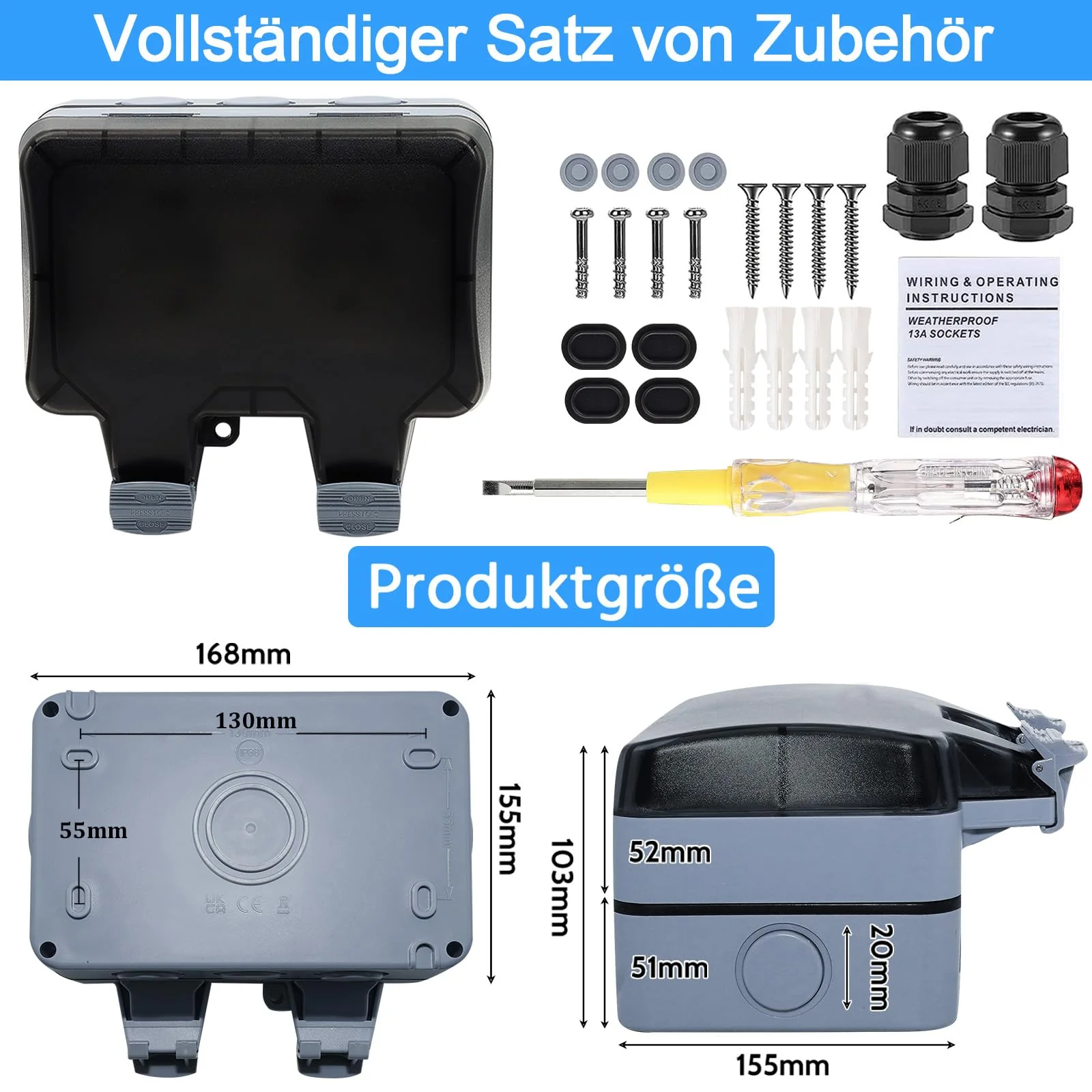 Outdoor Socket Waterproof 2-Way Outdoor Socket IP66 with Switch Indicator Light, Outdoor Socket Wall Socket Garden Socket with Lockable Hinged Lid for Garden Outdoor Wet Rooms 2-way external socket - Image 6
