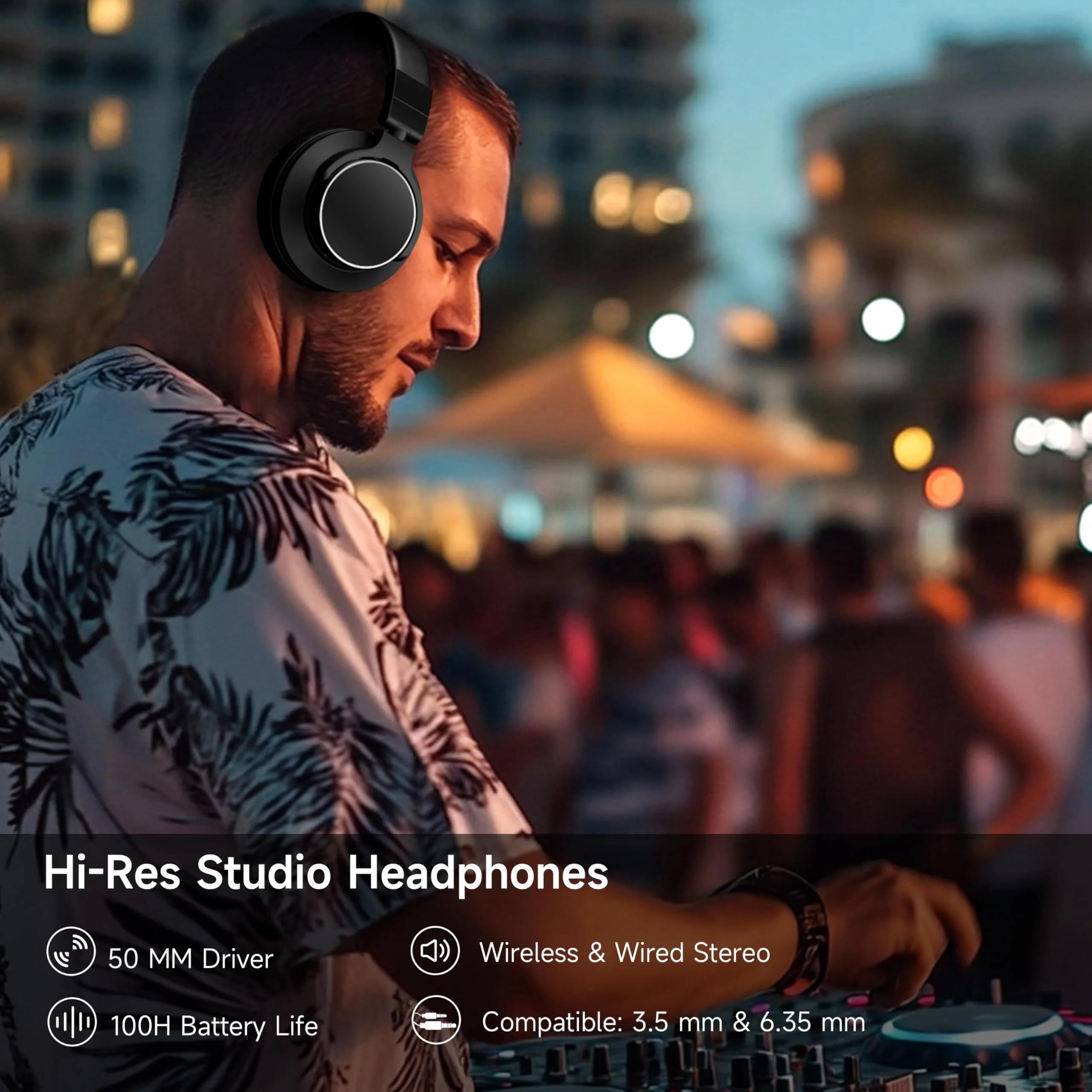 Over Ear Bluetooth Headphones, Studio Monitor & Mixing DJ Headphones Wireless with 50mm Drivers and 1/4 to 3.5mm Wired Audio Jack for Guitar AMP Recording Podcast Piano, 100H Playtime, Black - Image 2