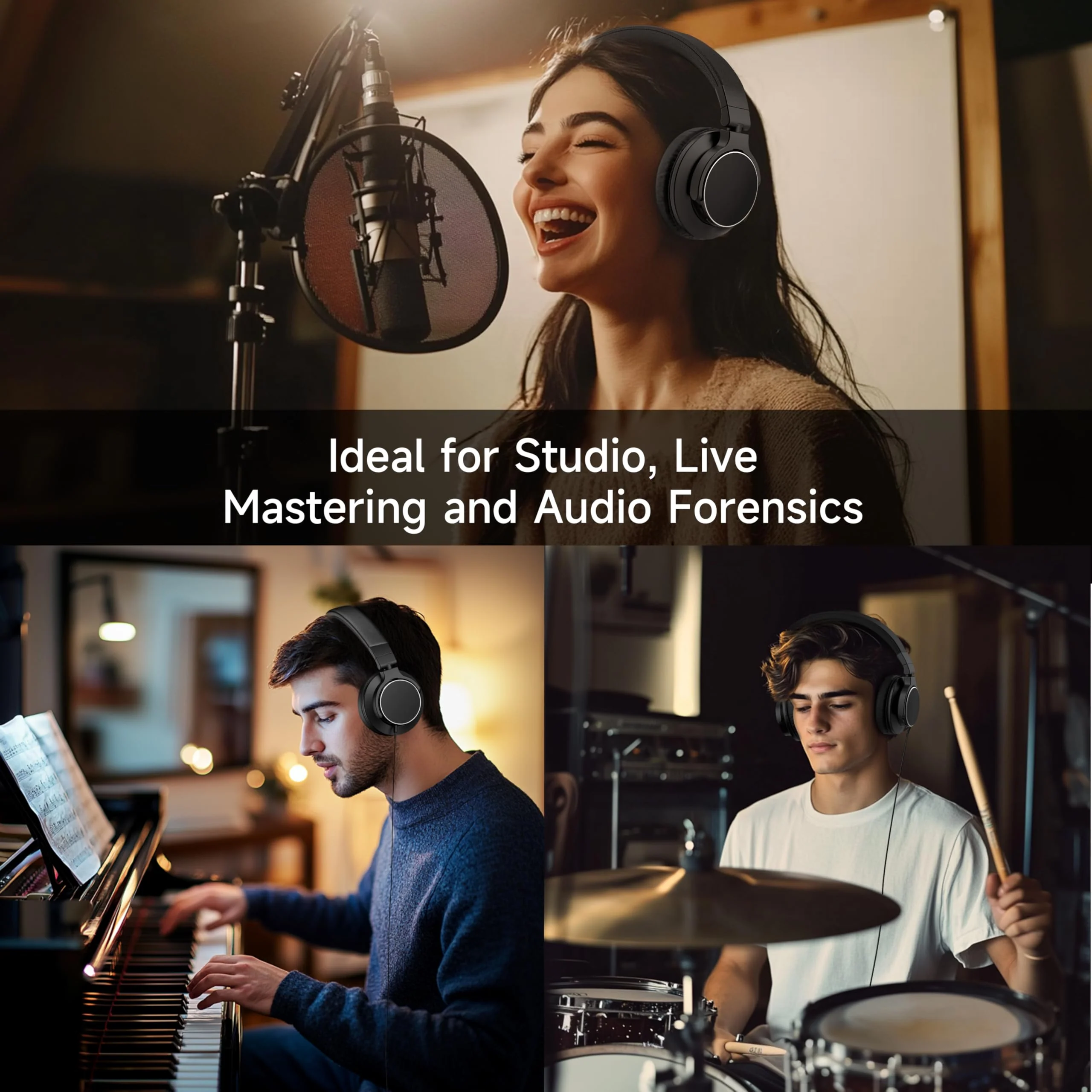 Over Ear Bluetooth Headphones, Studio Monitor & Mixing DJ Headphones Wireless with 50mm Drivers and 1/4 to 3.5mm Wired Audio Jack for Guitar AMP Recording Podcast Piano, 100H Playtime, Black - Image 3