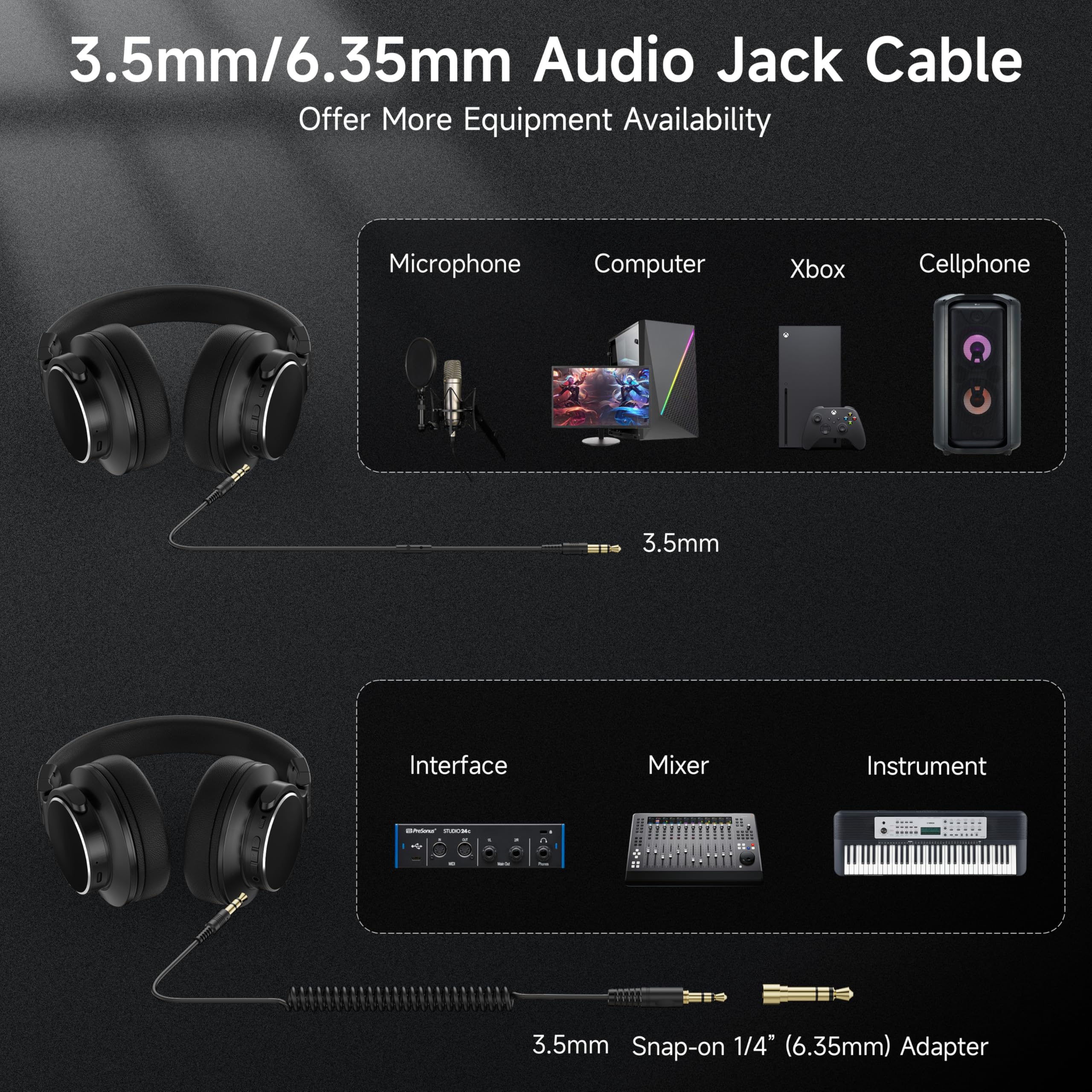 Over Ear Bluetooth Headphones, Studio Monitor & Mixing DJ Headphones Wireless with 50mm Drivers and 1/4 to 3.5mm Wired Audio Jack for Guitar AMP Recording Podcast Piano, 100H Playtime, Black - Image 4