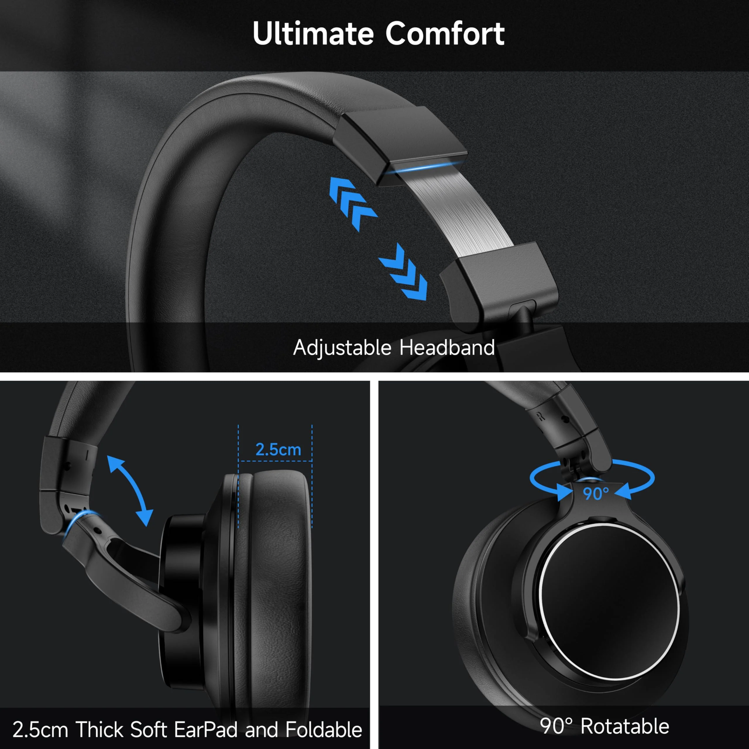 Over Ear Bluetooth Headphones, Studio Monitor & Mixing DJ Headphones Wireless with 50mm Drivers and 1/4 to 3.5mm Wired Audio Jack for Guitar AMP Recording Podcast Piano, 100H Playtime, Black - Image 8