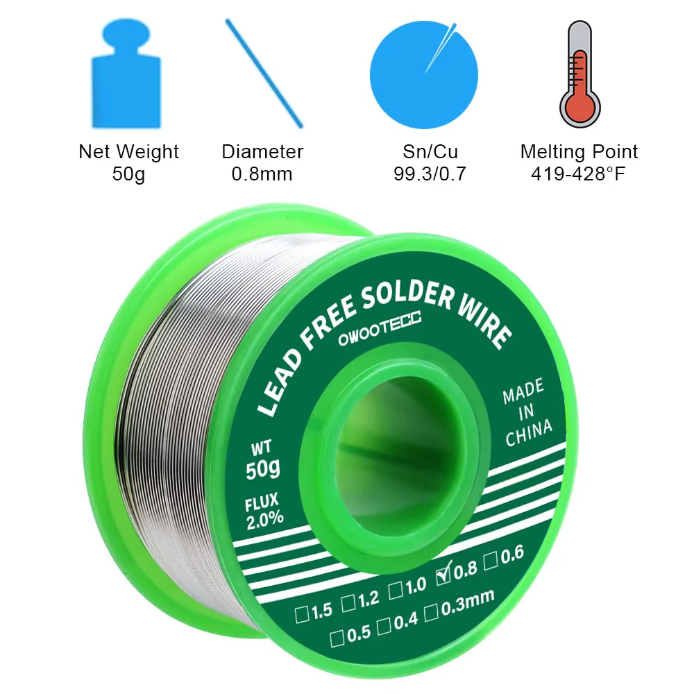 Owootecc Solder, Lead-Free Soldering Wire with Rosin Core for Electric Soldering and DIY (Sn99.3 Cu0.7/0.8 mm, 50 g) Sn99,3 Cu0,7/0,8mm,50g - Image 2