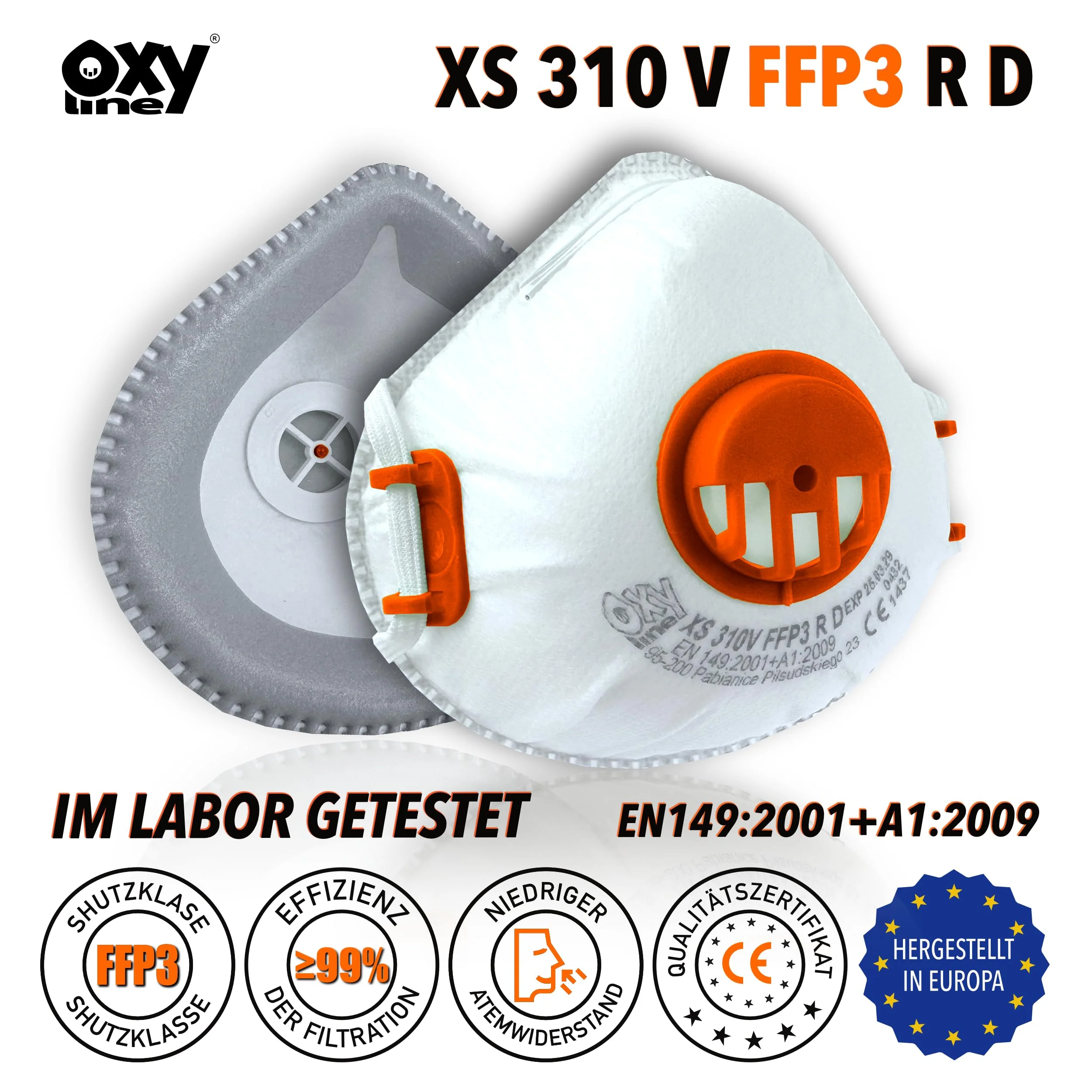 Oxyline XS 310 V FFP3 R D Reusable Half Mask, Dust Mask, Respirator Mask, Protective Mask with Valve, Extra Fit, Pack of 10 - Image 2