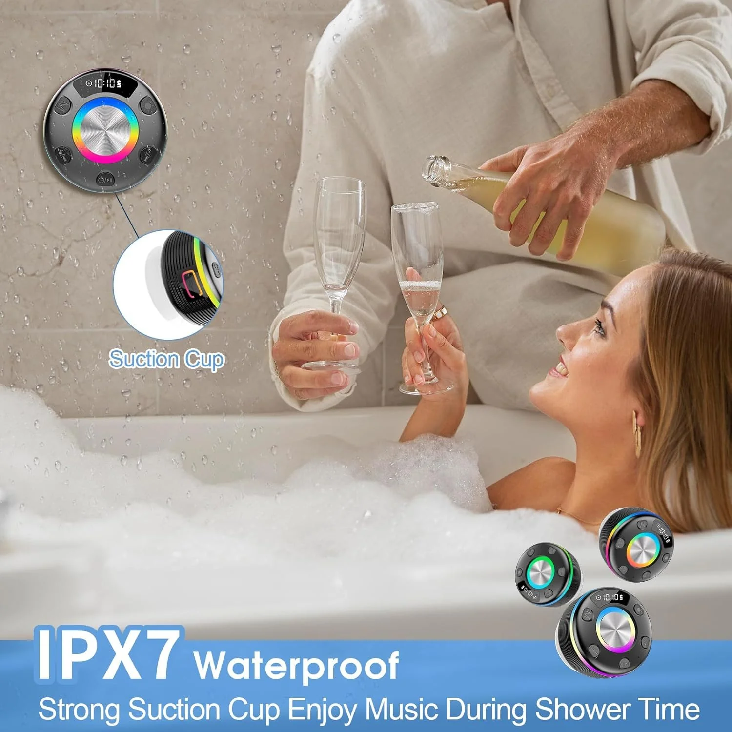 OYIB Bluetooth Shower Speaker, Portable Bluetooth Speaker 360° HD Sound, RGB Lights, IPX7 Waterproof Wireless Speaker with Suction Cup and Mic, Shower Radio for Party/Outdoor/Travel/Gifts/Black Deep Black - Image 6