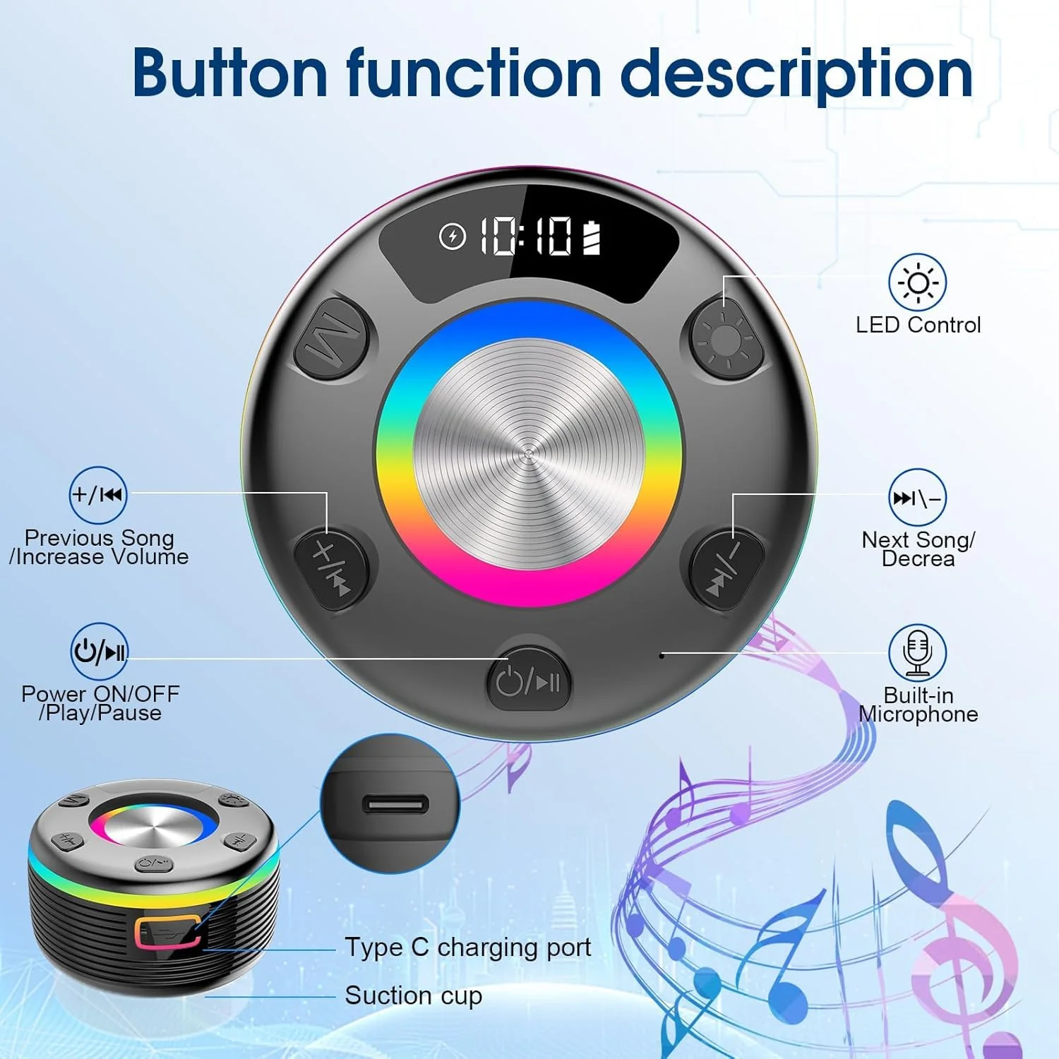 OYIB Bluetooth Shower Speaker, Portable Bluetooth Speaker 360° HD Sound, RGB Lights, IPX7 Waterproof Wireless Speaker with Suction Cup and Mic, Shower Radio for Party/Outdoor/Travel/Gifts/Black Deep Black - Image 7