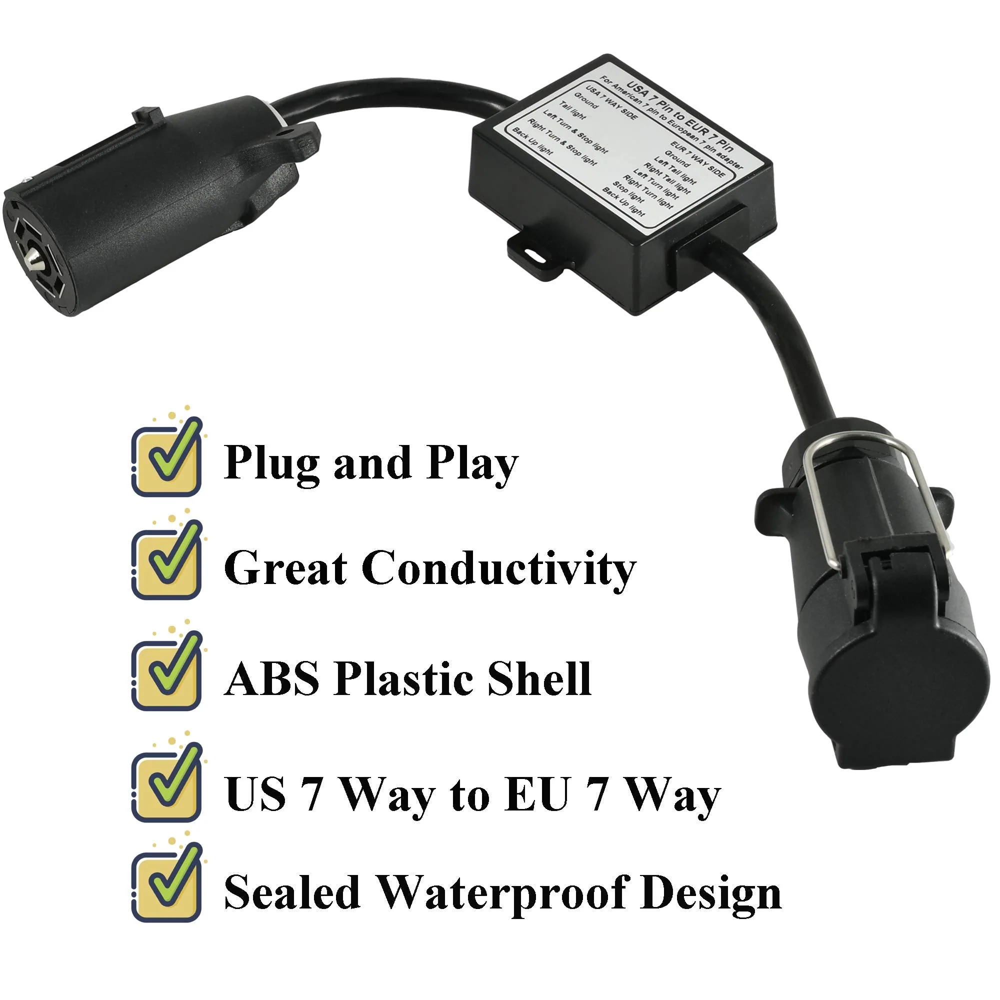 Oyviny USA to EU Trailer Light Converter US Vehicle 7-Way Blade Socket Adapter to European Trailer 7-Pin Round Connector Plug and Play Trailer Converter Waterproof (Color:Black) - Image 7