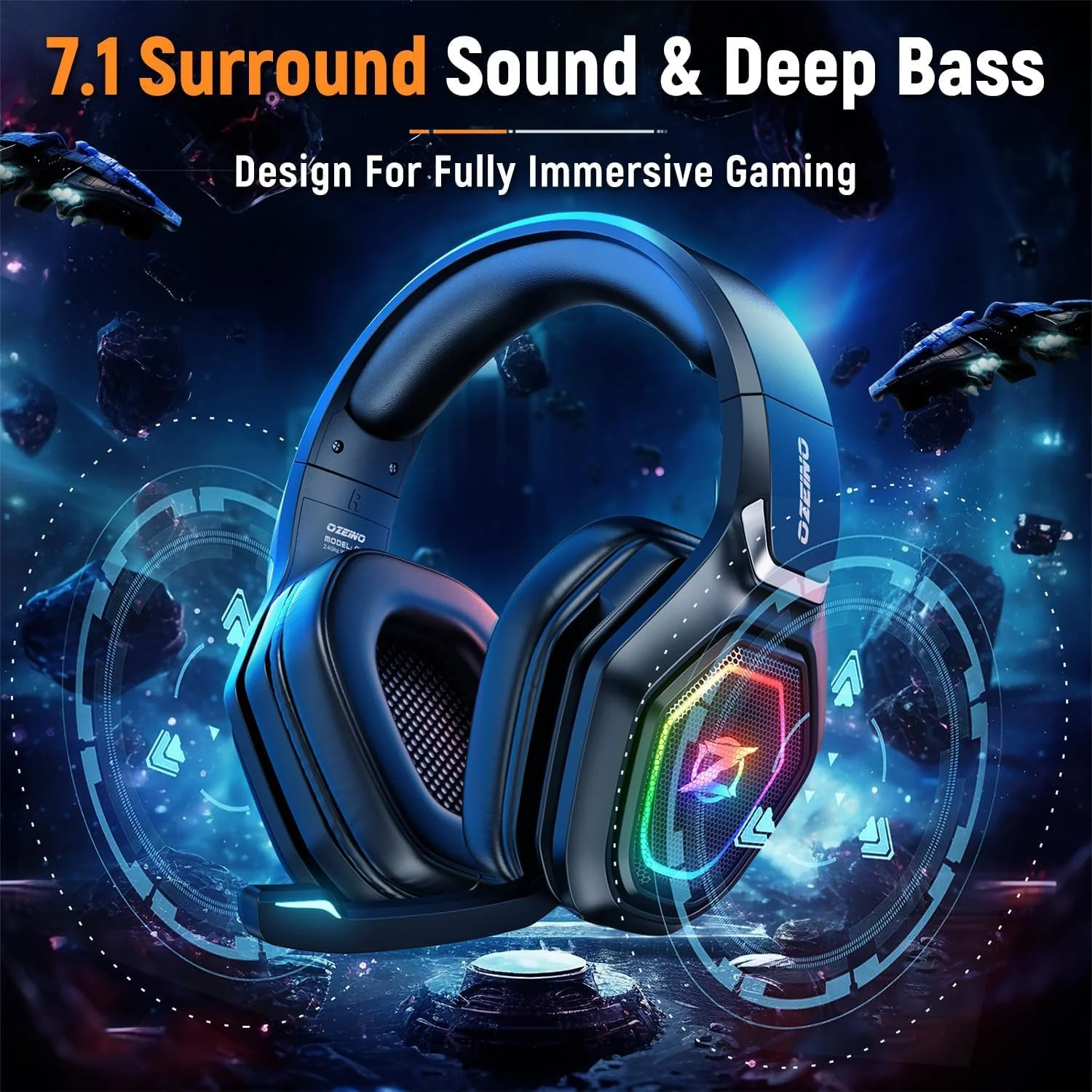Ozeino Wireless Gaming Headset with Flip Microphone, RGB Lighting Gaming Headphones for PS5, PS4, PC - 2.4GHz USB & Type C Transmitter Black - Image 3