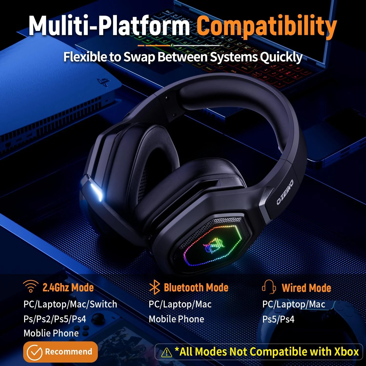 Ozeino Wireless Gaming Headset with Flip Microphone, RGB Lighting Gaming Headphones for PS5, PS4, PC - 2.4GHz USB & Type C Transmitter Black - Image 5