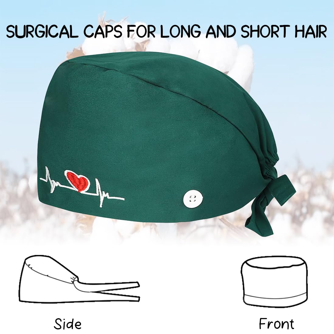 Ozmw 1 x Surgical Cap, Nurse Cap, Adjustable, with Button, Work Cap, 100% Cotton (EKG Pattern) - Image 2