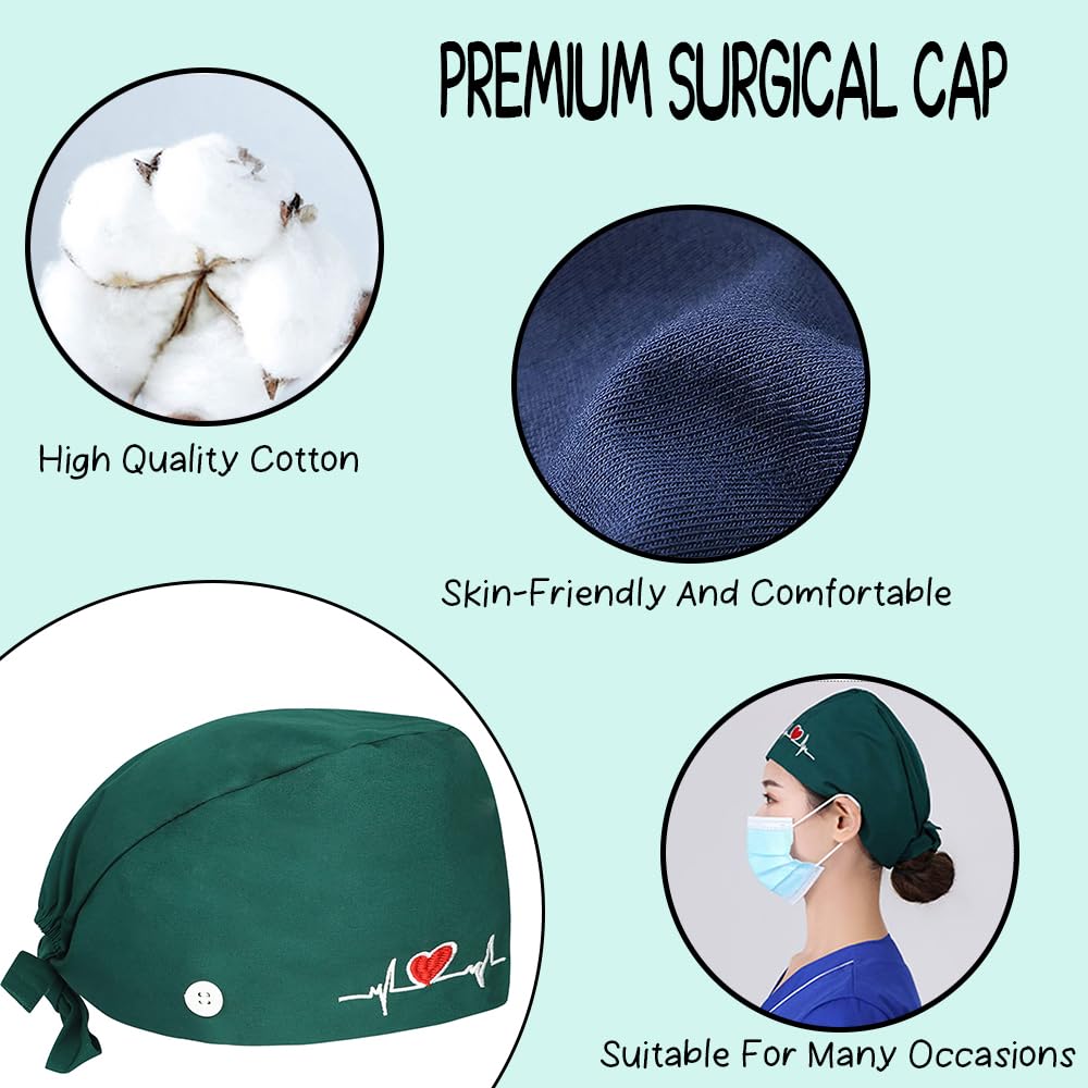Ozmw 1 x Surgical Cap, Nurse Cap, Adjustable, with Button, Work Cap, 100% Cotton (EKG Pattern) - Image 3
