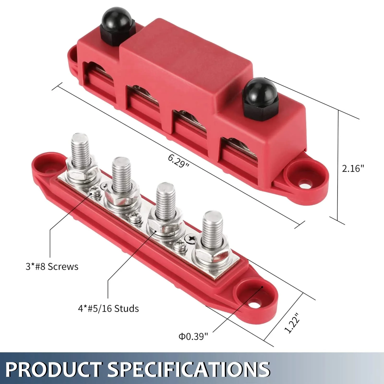 PACEWALKER BusBar Box with 4 x M8 Connection Bolts High Performance Module 12V-48V DC Power Distribution Block Grounding Current for Car RV Boat Yacht 2pcs 250A (Black Red) - Image 2
