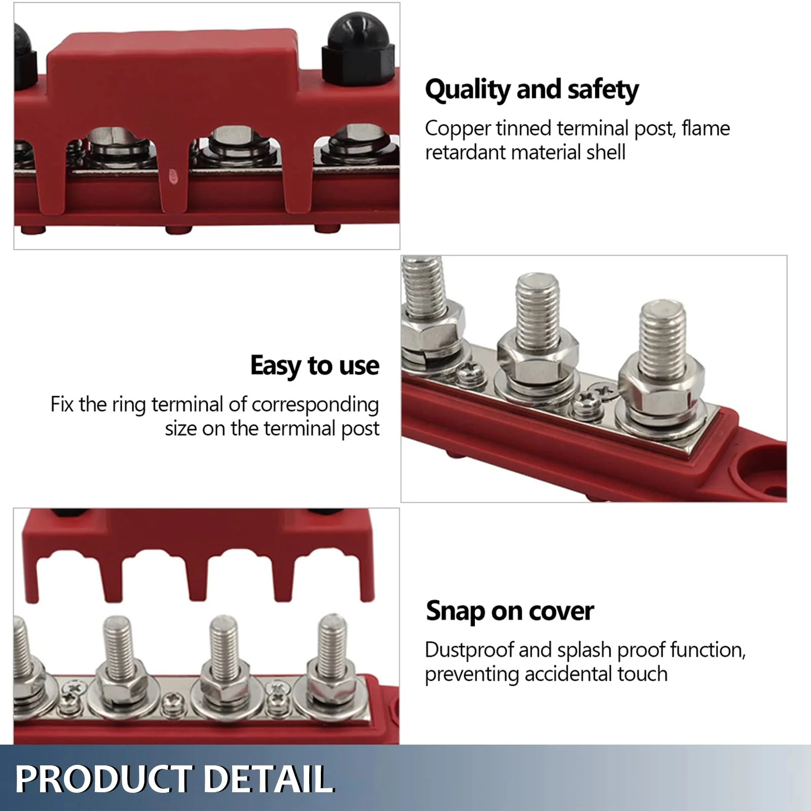 PACEWALKER BusBar Box with 4 x M8 Connection Bolts High Performance Module 12V-48V DC Power Distribution Block Grounding Current for Car RV Boat Yacht 2pcs 250A (Black Red) - Image 3