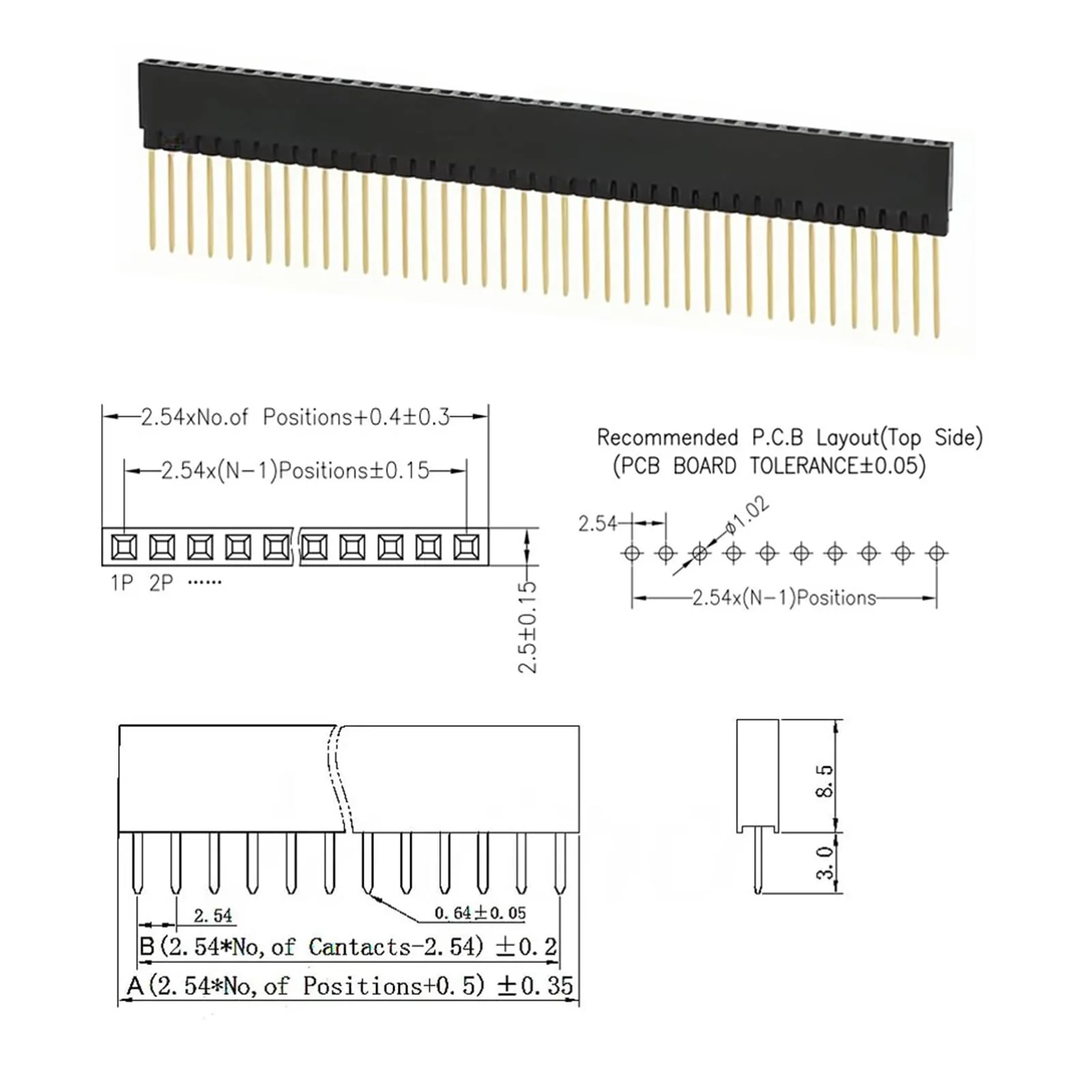Pack of 10 1 x 40 pin PCB female connector, 2.54 mm single row socket plug, single row needle length 11 mm, plastic length 8.5 mm, 40-pin plug, suitable for DIY enthusiasts - Image 3