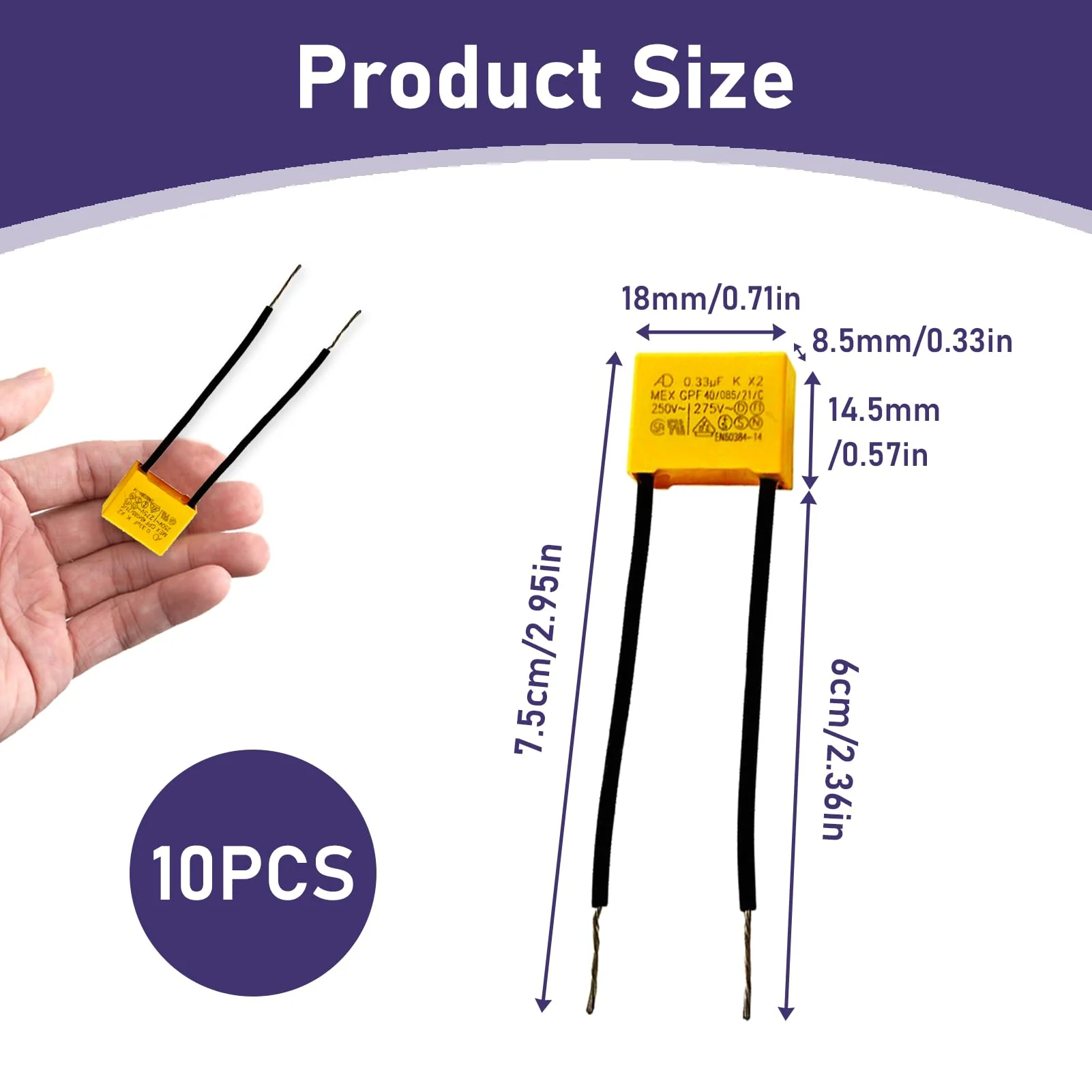 Pack of 10 LED suppression capacitors, 0.33µF, 275 V, X2 radial safety capacitors, suppressor capacitor, effective solution against flashing and glow of LED lamps, for household appliances and radio - Image 2