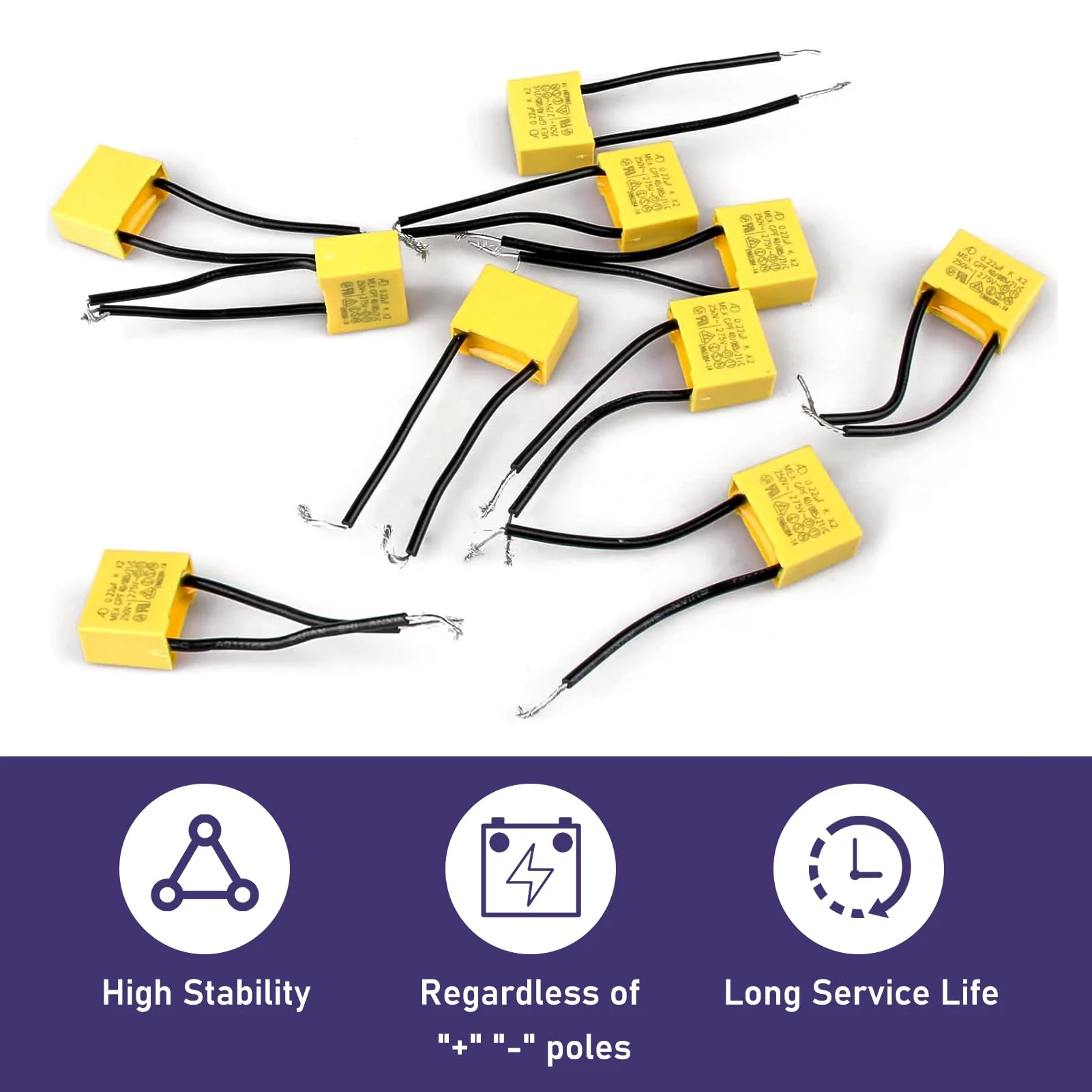Pack of 10 LED suppression capacitors, 0.33µF, 275 V, X2 radial safety capacitors, suppressor capacitor, effective solution against flashing and glow of LED lamps, for household appliances and radio - Image 4