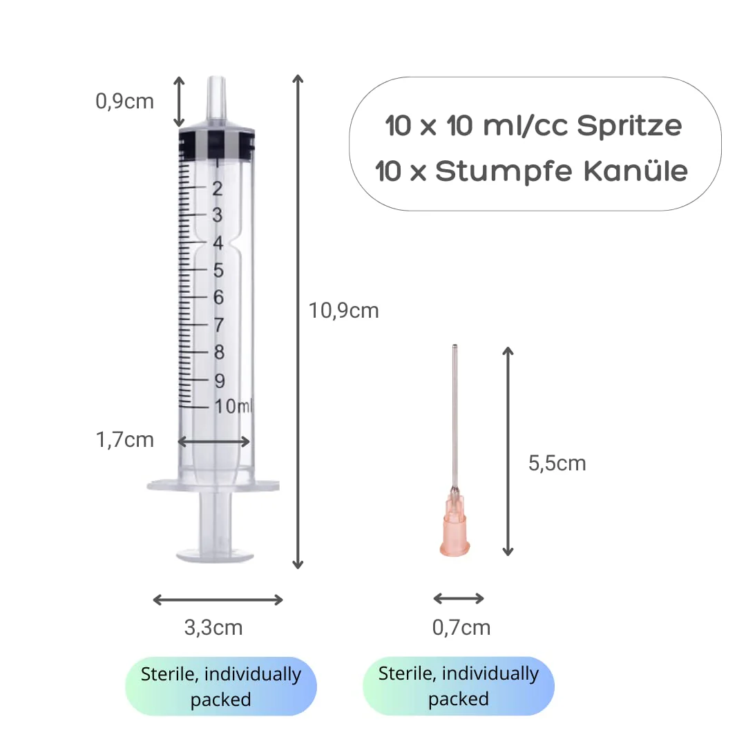Pack of 10 x 10 ml syringe and 10 x cannula syringe set with blunt needles, various sizes: 1 ml, 3 ml, 5 ml, 10 ml, 20 ml, 30 ml, 60 ml, for hobby and DIY, individually sterile packed - Image 2