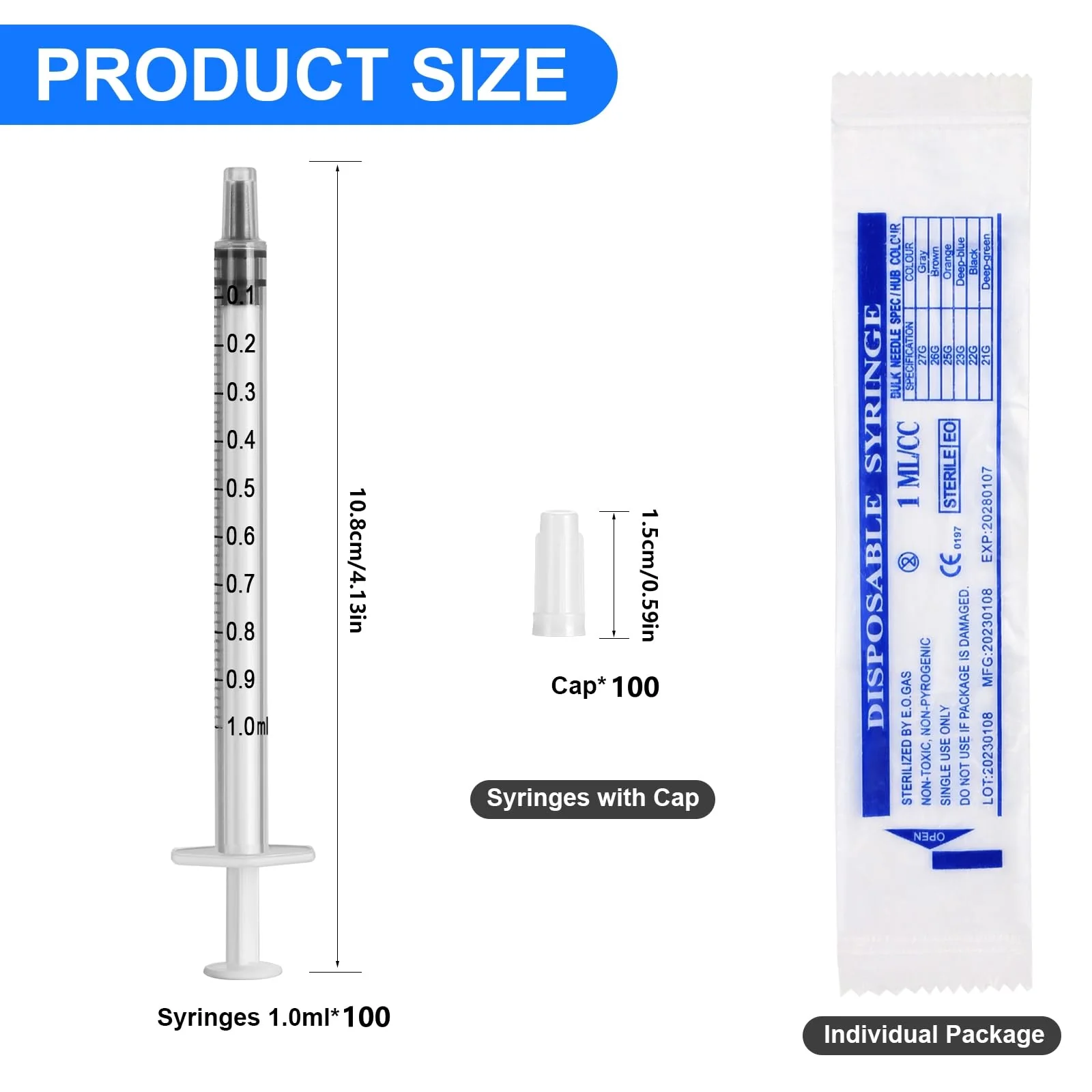 Pack of 100 1 ml Colostrum Syringe with Caps without Needle Colostrum Syringe Plastic Syringes for Refilling and Measuring Liquids, 1 ml Syringe for Scientific Laboratories, Plant Watering 100 Stück - Image 2