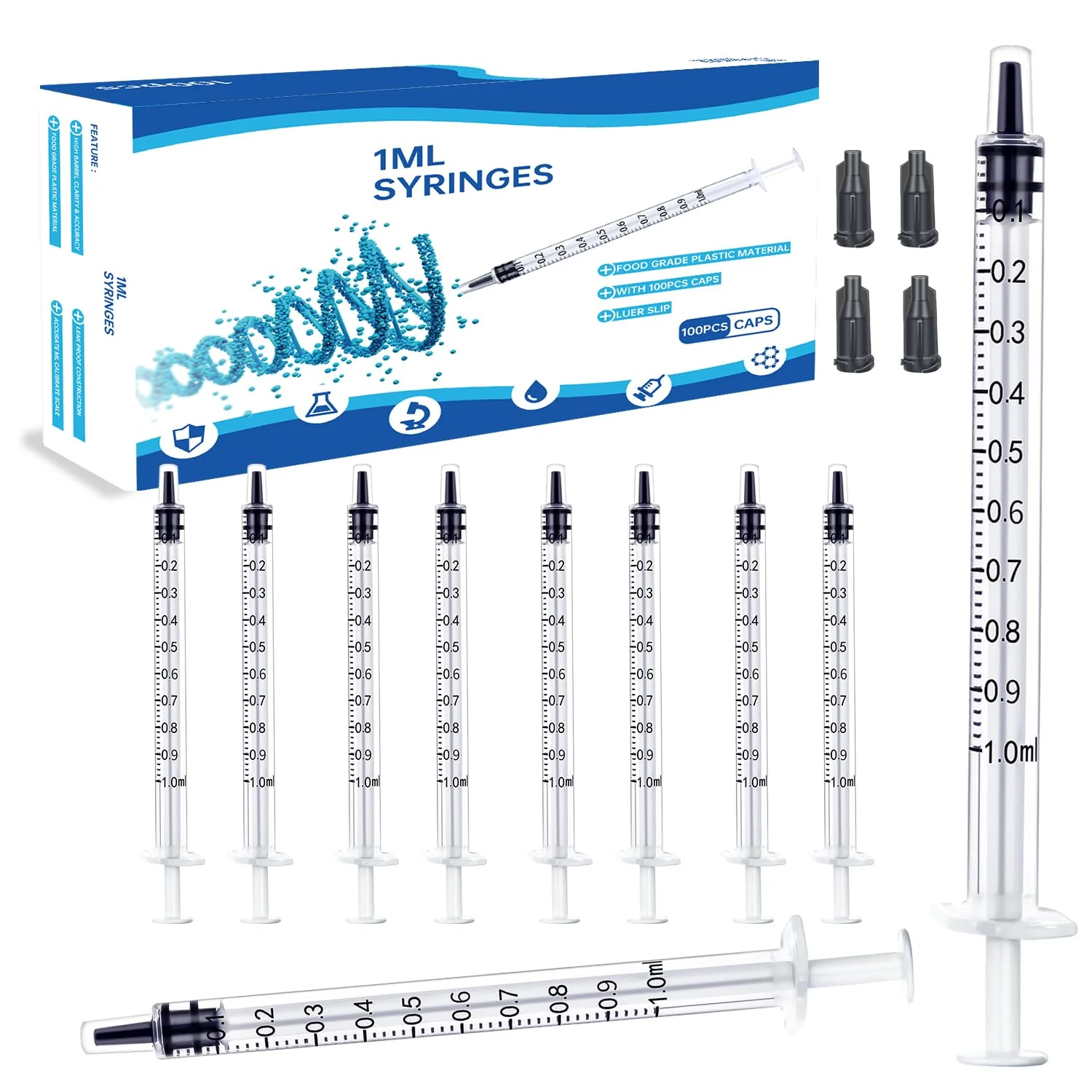 Pack of 100 1 ml plastic syringes with caps, 1 ml syringe for refilling and measuring liquids, scientific laboratories, pet feeding Pack of 100 - 1 ml