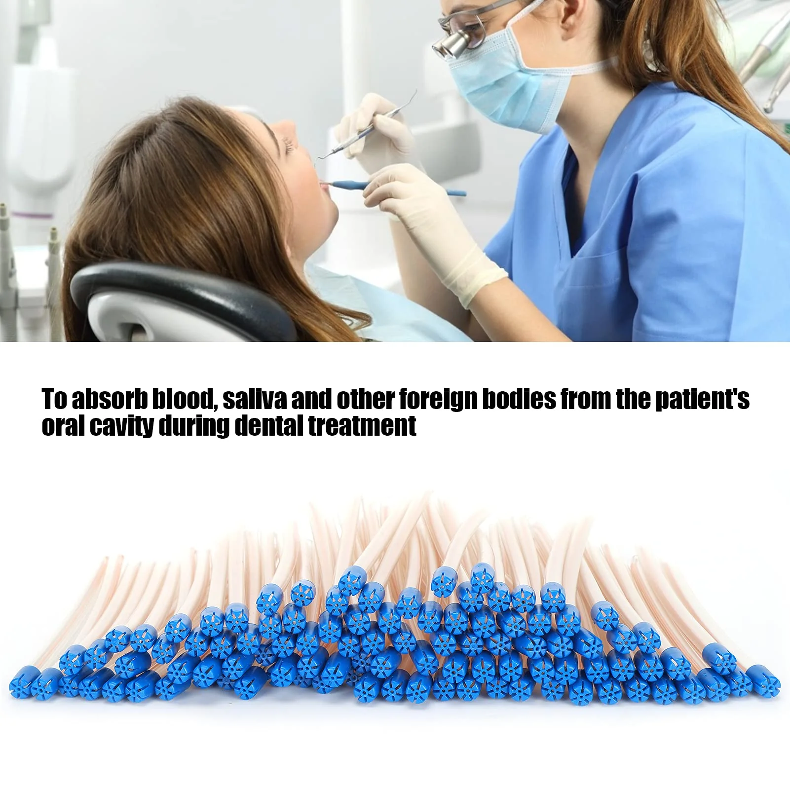 Pack of 100 Disposable Saliva Straws, Oral Care Sticks, Latex-Free Suction Tips, Flexible Transparent Tube with Blue Tips, Oral Care Accessories - Image 2