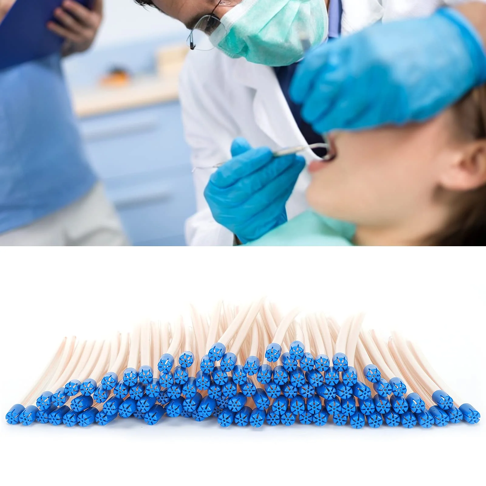 Pack of 100 Disposable Saliva Straws, Oral Care Sticks, Latex-Free Suction Tips, Flexible Transparent Tube with Blue Tips, Oral Care Accessories - Image 3
