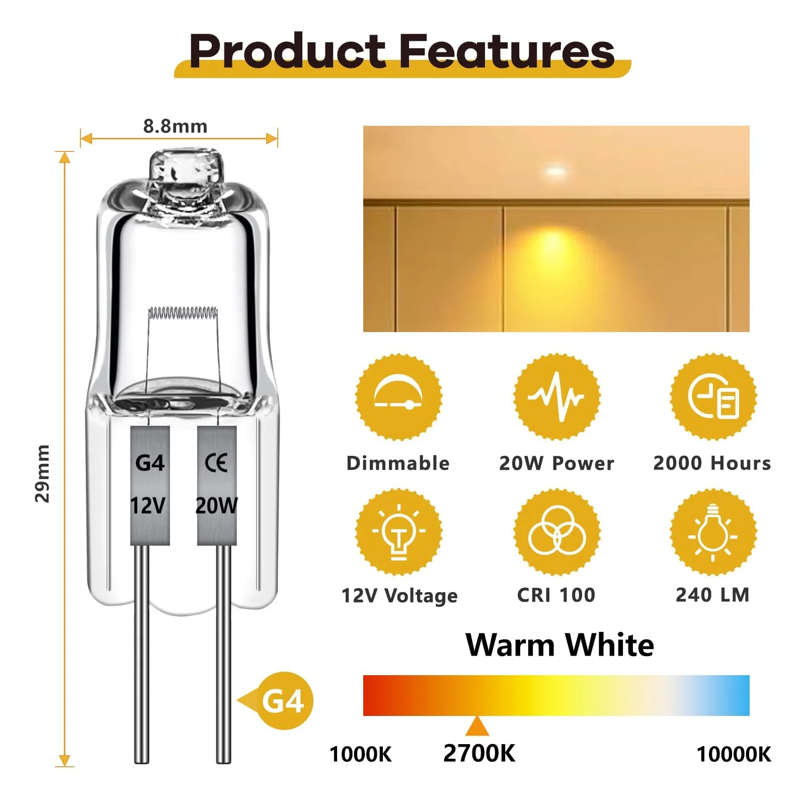 Pack of 12 G4 Halogen Light Bulbs 20 W 2700 K Warm White 240 lm Halogen Bulb G4 20 W 12 V to 300 C Halogen Dimmable Warm White for Cooker Hoods, Ovens, Microwaves 20w - Image 2