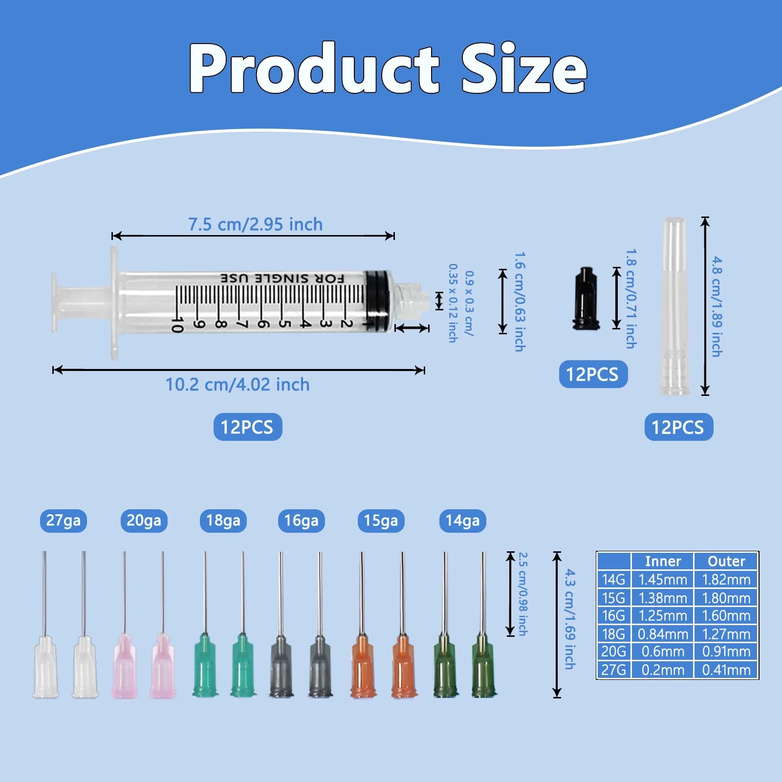 Pack of 12 Reusable Luer Lock Syringe, 10 ml Screw Cap Syringe, Threaded Syringe with 14-27G Dosing Needles and Caps Blunt Needle, Dosing Feeding Syringe for Pet Feeding Watering - Image 2
