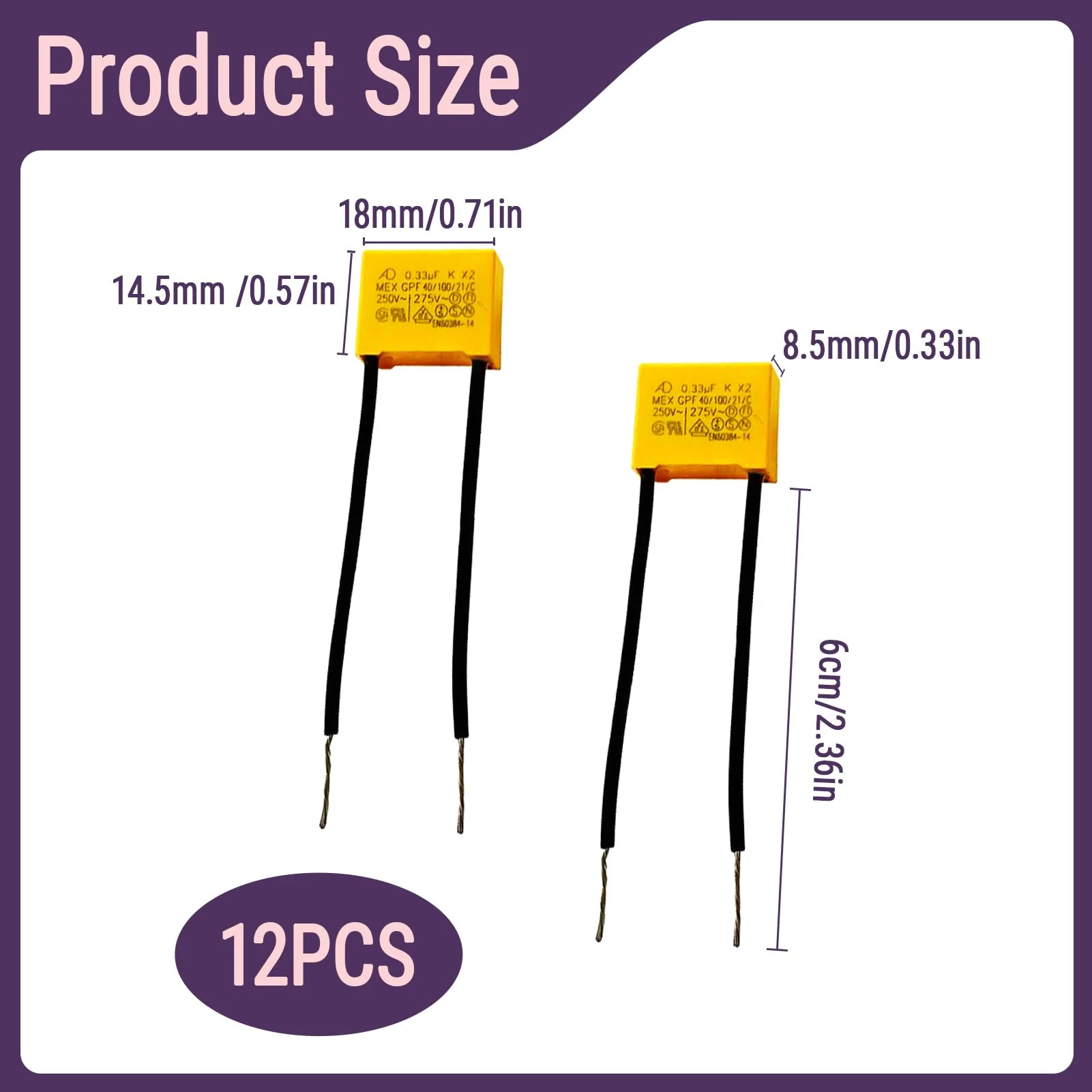 Pack of 12 suppression capacitors LED, LED suppressor capacitor 0.33µF 275V X2 radial, interference capacitor LED lamp, reduces LED flashing and glow, ideal for radio protection and electronic devices - Image 2