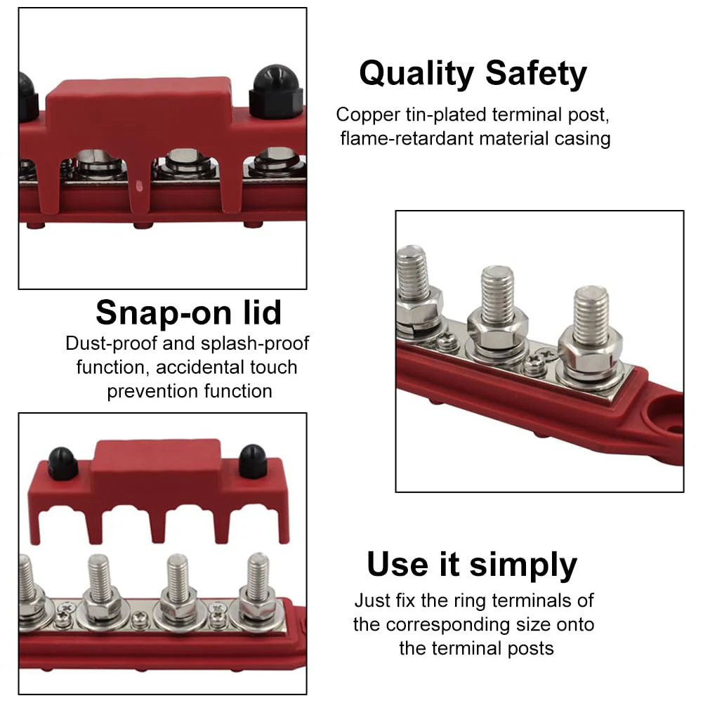 Pack of 2 Busbar 12V-48V DC Busbar Distribution Block 250A Power Distribution Block, Power Distribution Rail with 4 x M8 Bolt Connection for Car Marine Car Trailers Motorhome Boat - Image 4