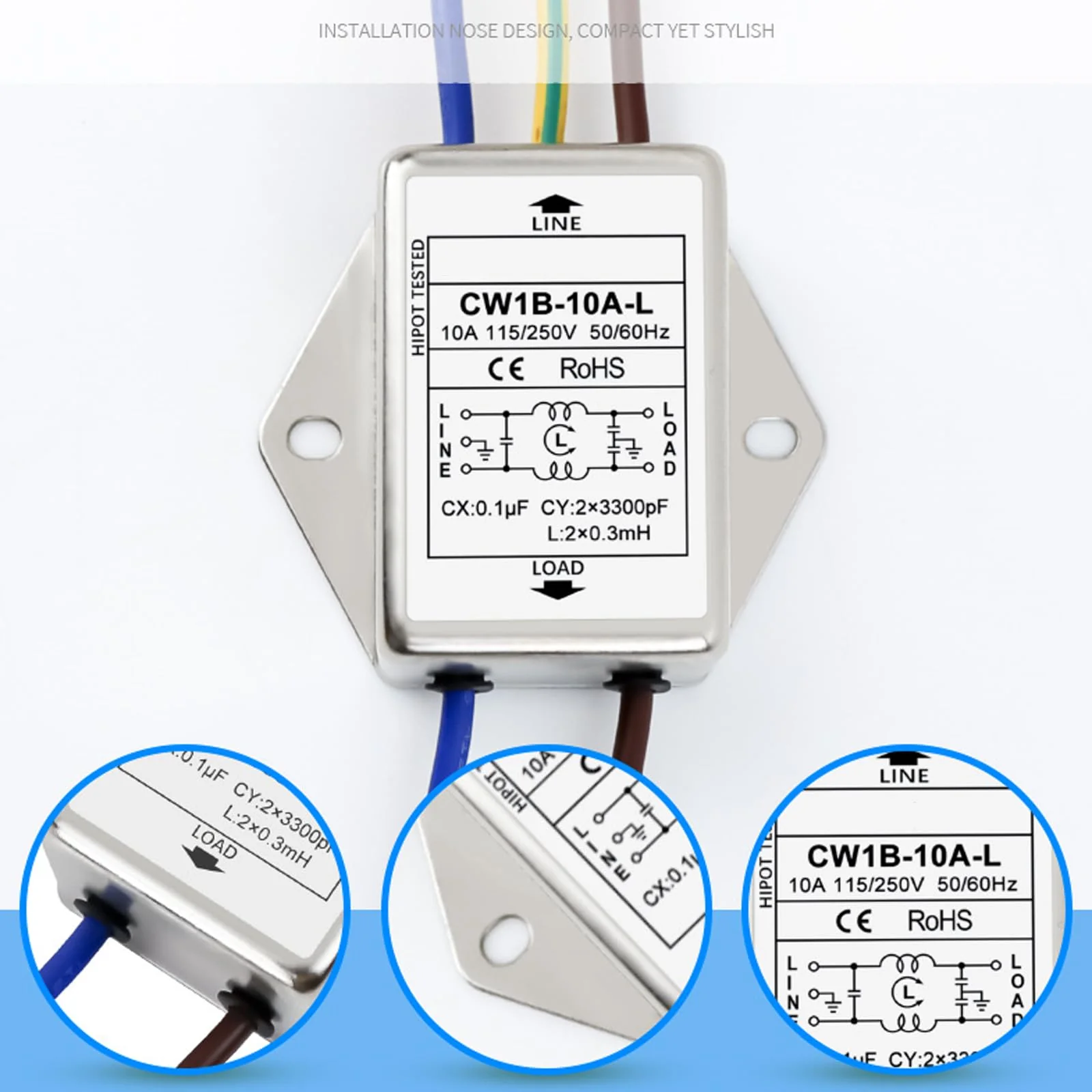 Pack of 2 EMI Filter, CW1B-10A-L(040) Single-Phase Filter, 250 V Electromagnetic Interference Filter, for Suppressing Continuous and Intermittent Pulse Interference - Image 4