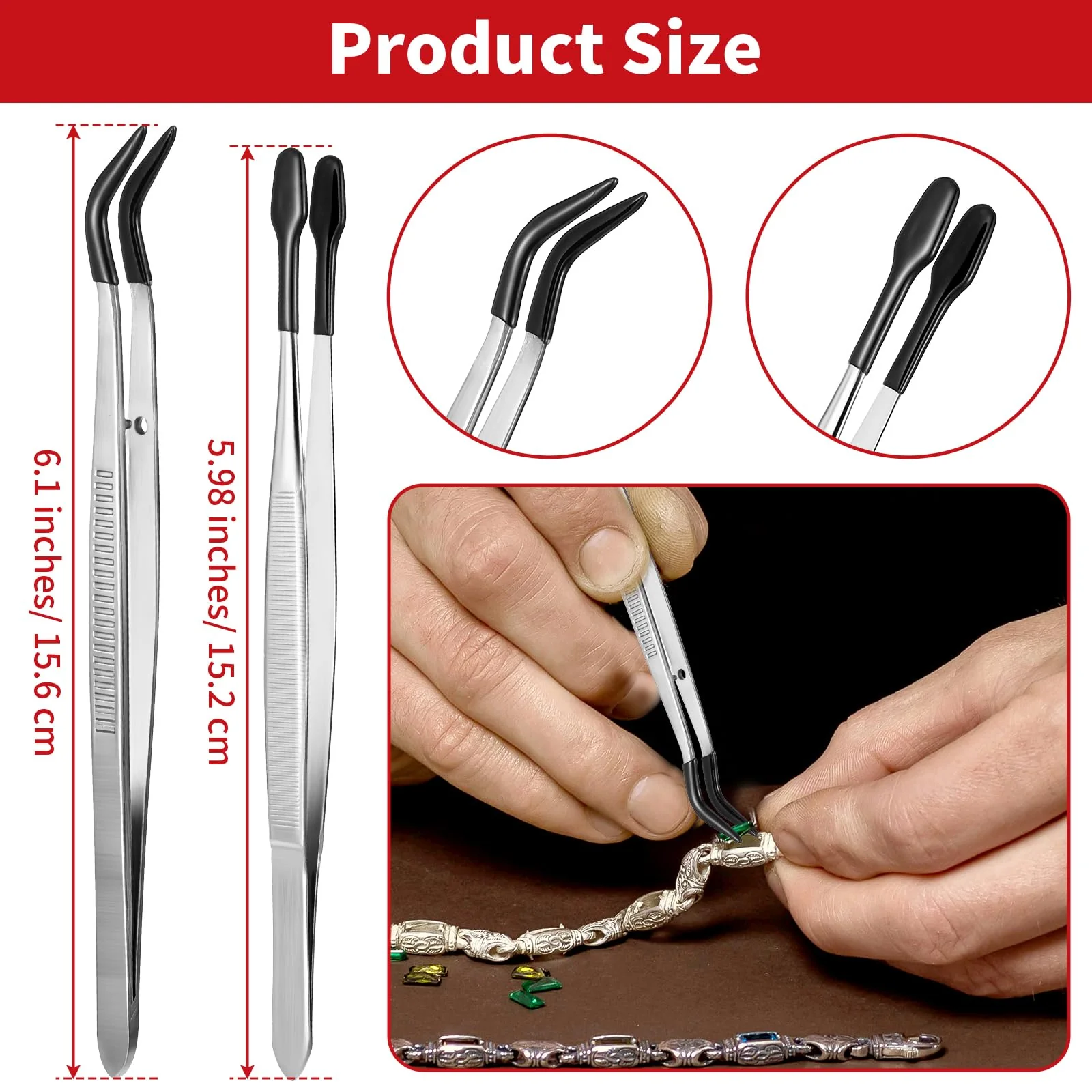 Pack of 2 Long Plastic Craft Tweezers with Rubber Tips and PVC Coating - Flat, Non-Slip, Curved and Angled Tweezers - Metal Sticker Tweezers for Repair and Jewellery (Black) Black - Image 2