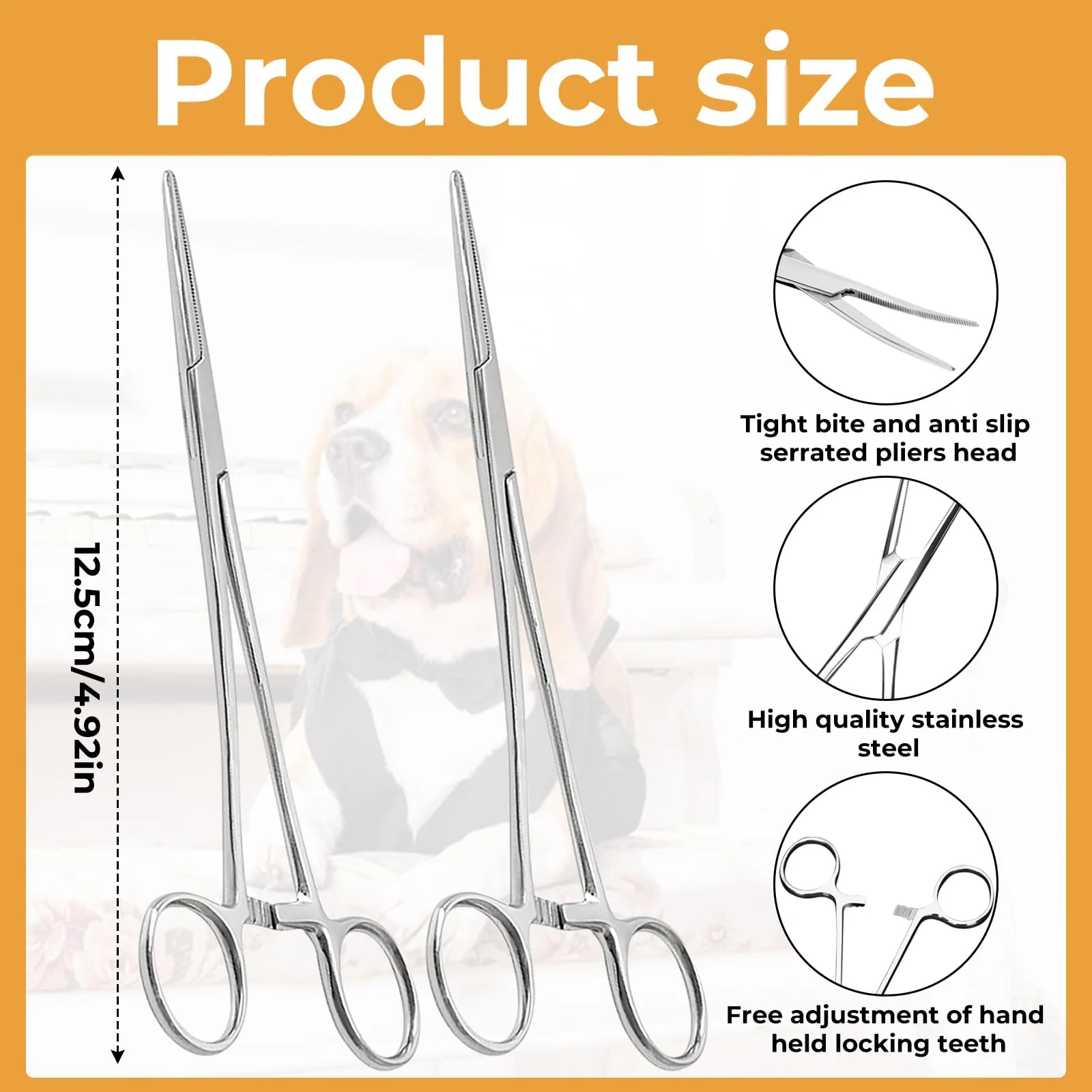 Pack of 2 Piercing Pliers and Hook Remover Pliers Made of Stainless Steel - Tweezers for Cats and Dogs Hair - Sawtooth Design - Artery Clamp - 12.5 cm - Straight and Curved Heads - Nurse Accessories - Image 2