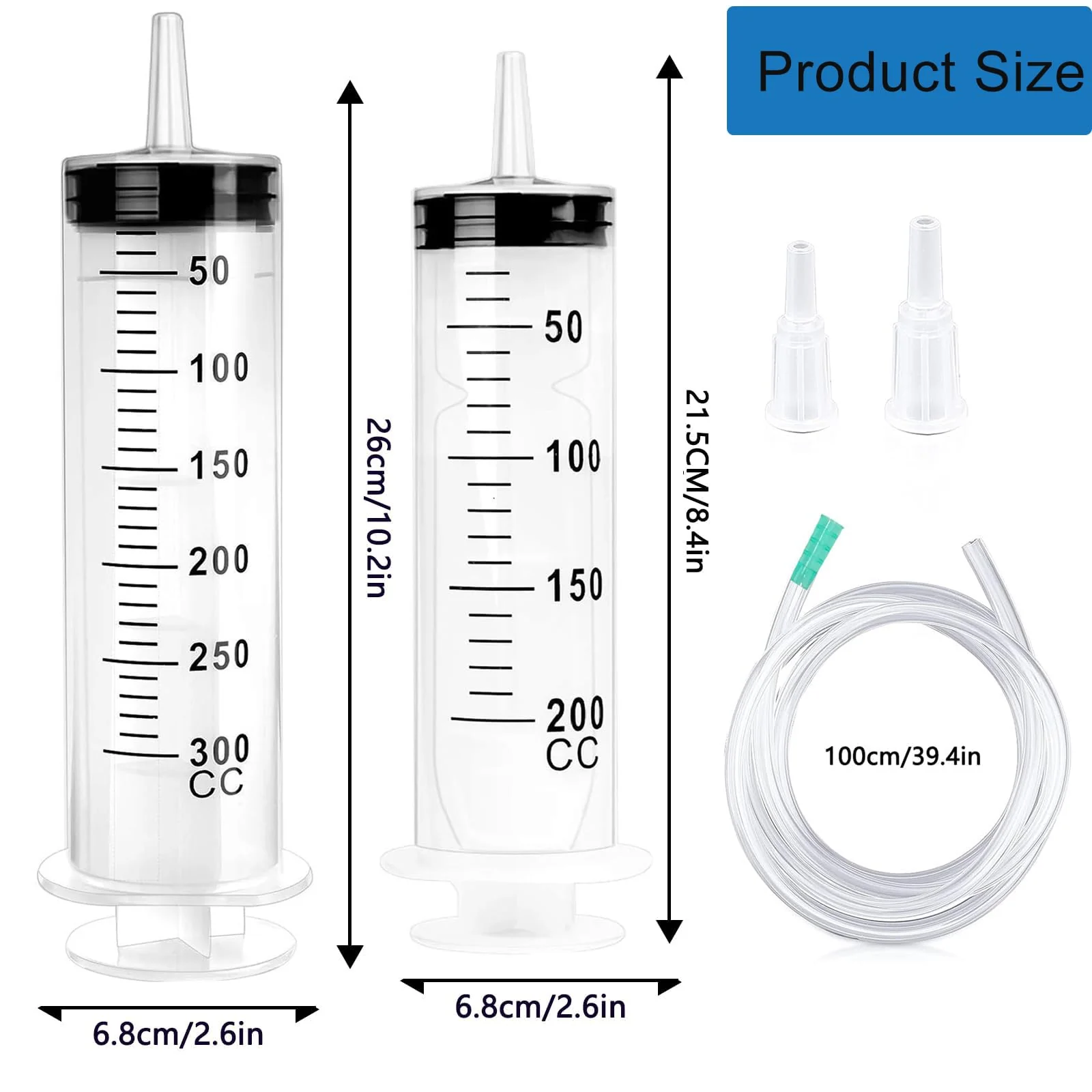 Pack of 2 Syringes, Syringe 200 ml + 300 ml, Syringe with Hose, Large Syringe, Oil Syringe, Dosing Syringe Without Needle, Syringe Set for Laboratory, Industry, Animal Feeding 200ml+300ml - Image 2