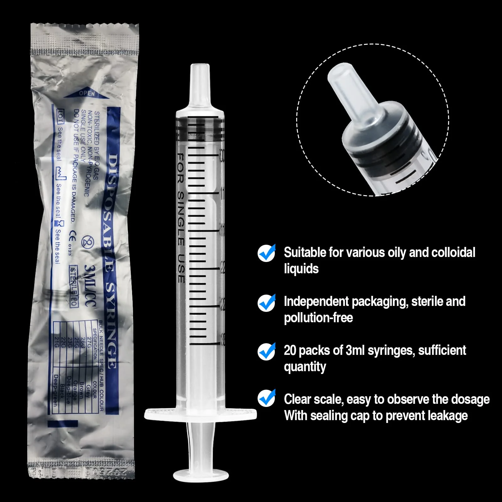 Pack of 20 3 ml Syringe Plastic Syringes with Lid Sterile Colostrum Syringe Set without Needle for Feeding, Liquid Syringe for Glue, Ink, Motor Oil, Newborn Animal Feeding Lab - Image 3